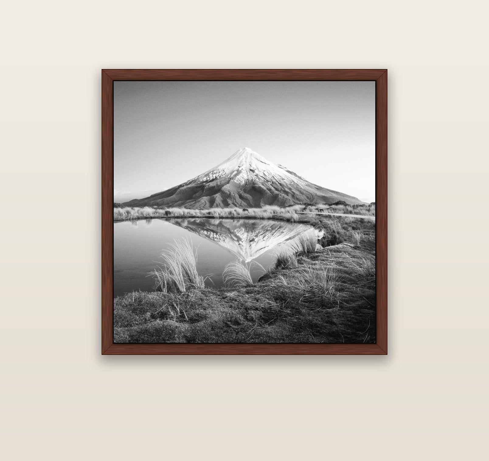 To a Point, Mount Taranaki — brown float frame canvas, 91 × 91 cm. New Zealand fine art landscape wall art by Stephen Milner.