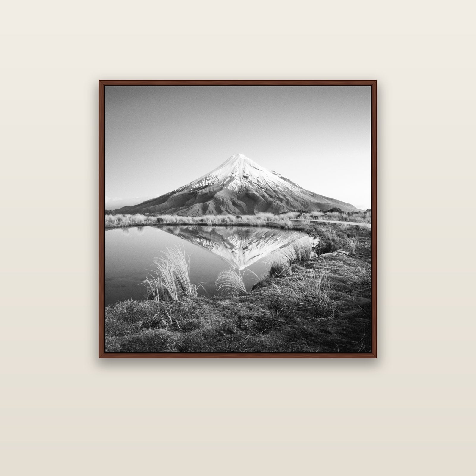 To a Point, Mount Taranaki — brown float frame canvas, 91 × 91 cm. New Zealand fine art landscape wall art by Stephen Milner.