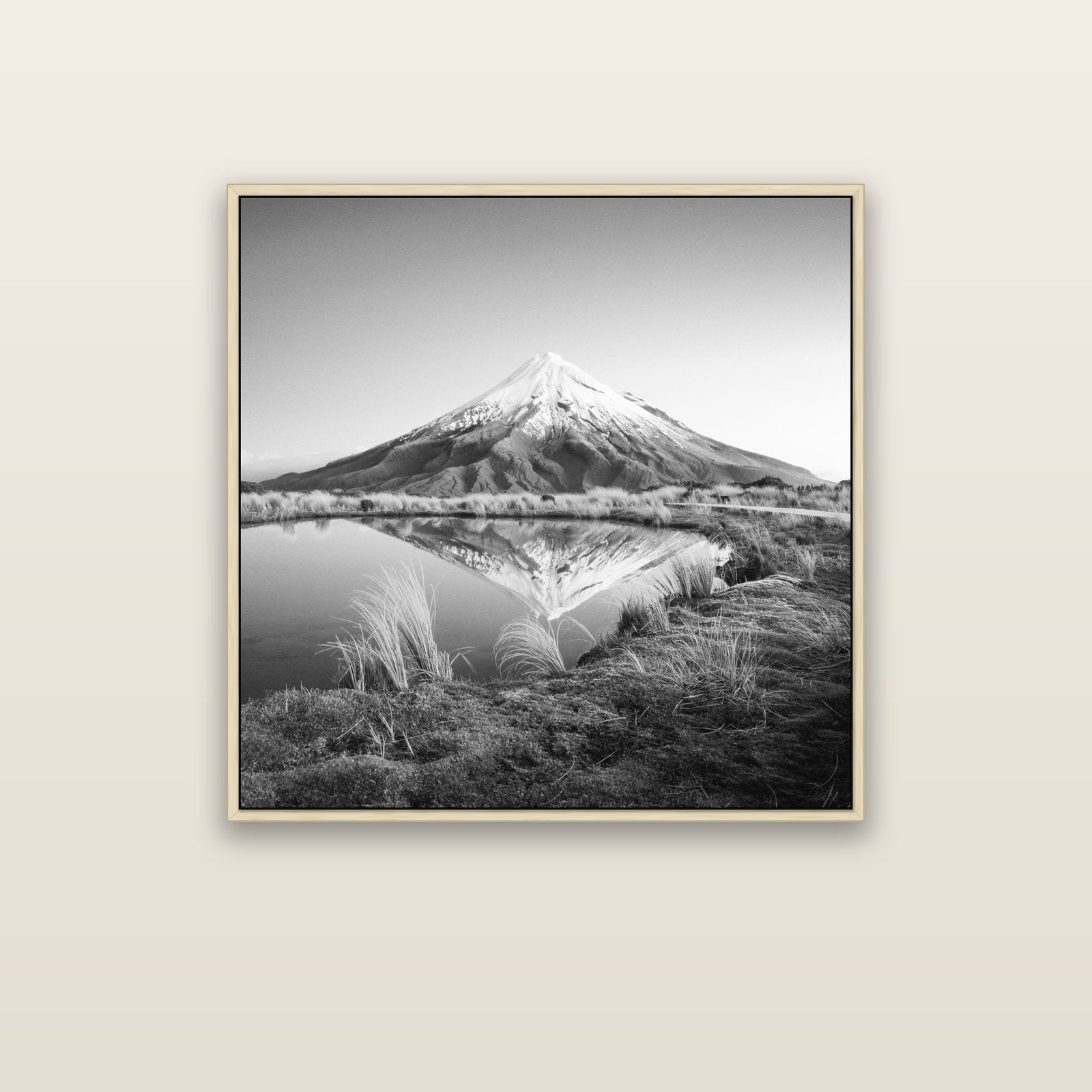 To a Point, Mount Taranaki — natural float frame canvas, 91 × 91 cm. New Zealand fine art landscape wall art by Stephen Milner.