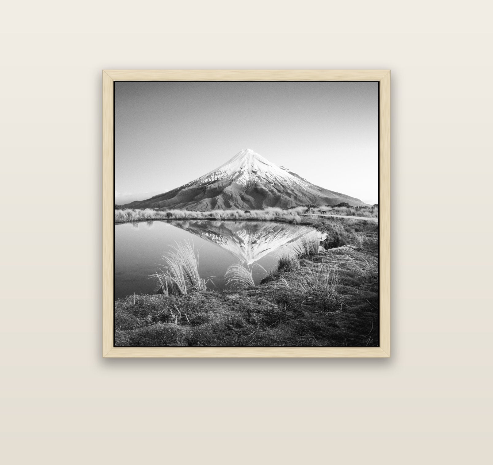 To a Point, Mount Taranaki — natural float frame canvas, 91 × 91 cm. New Zealand fine art landscape wall art by Stephen Milner.