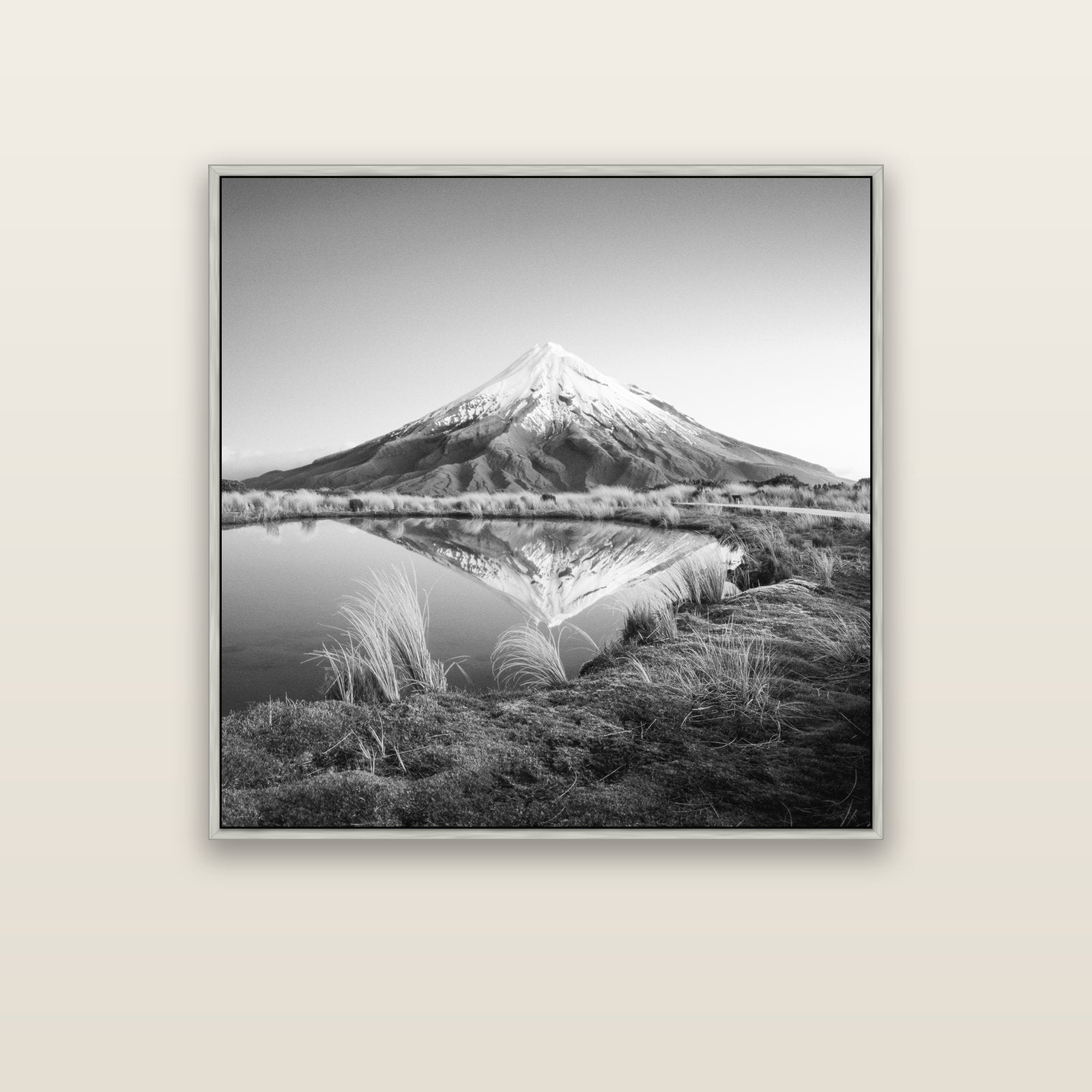 To a Point, Mount Taranaki — silver float frame canvas, 102 × 102 cm. New Zealand fine art landscape wall art by Stephen Milner.