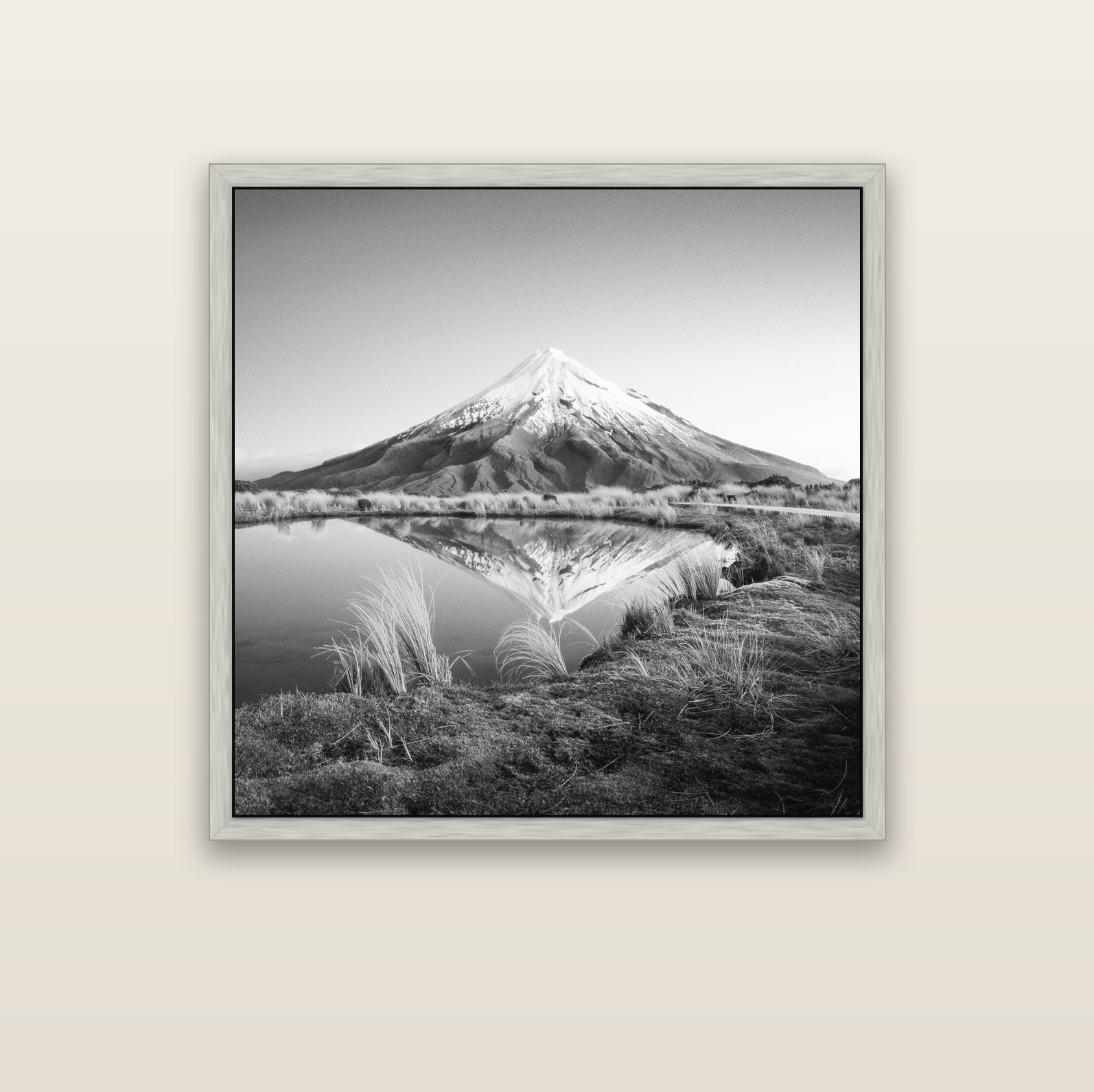 To a Point, Mount Taranaki — silver float frame canvas, 102 × 102 cm. New Zealand fine art landscape wall art by Stephen Milner.