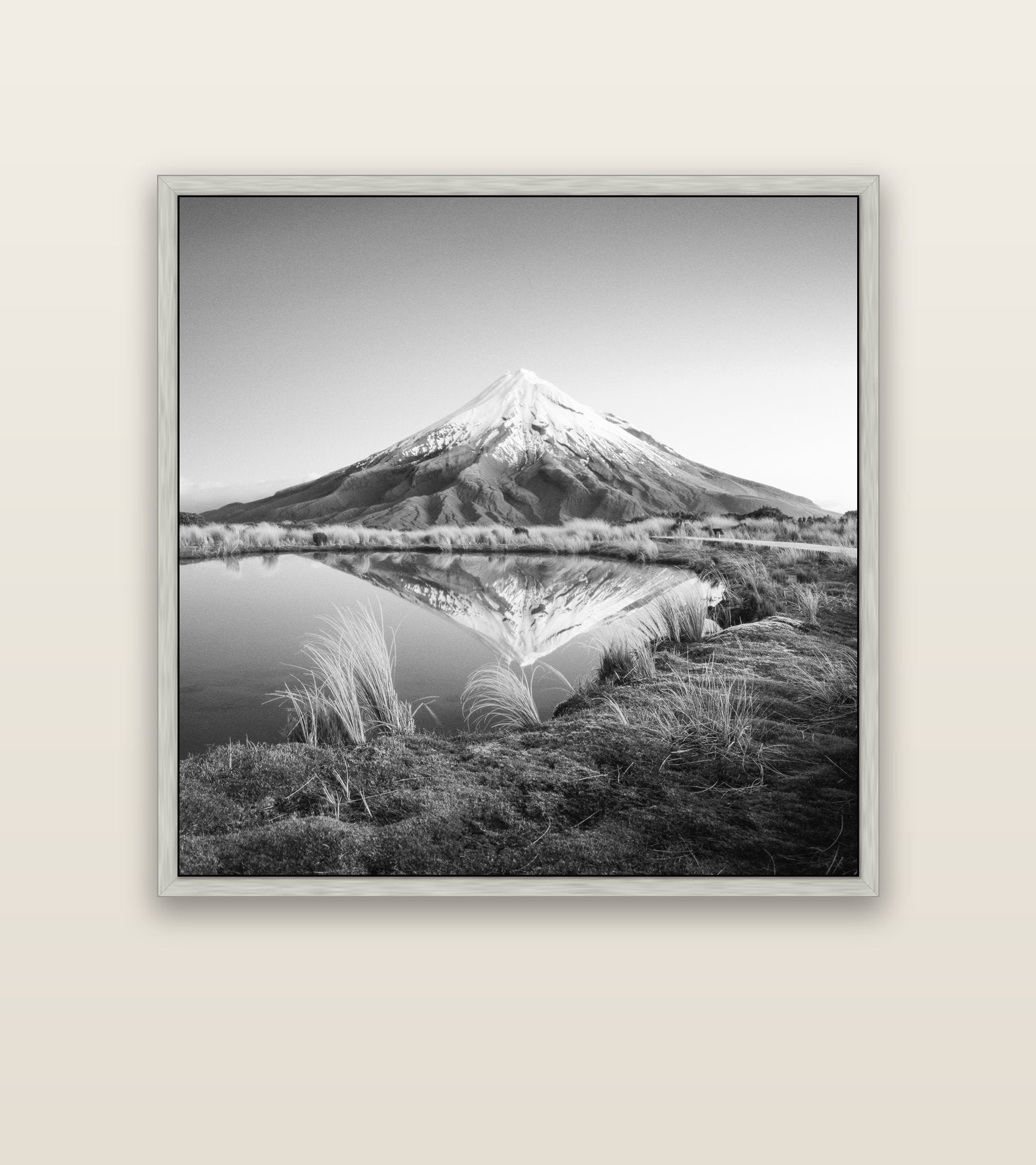 To a Point, Mount Taranaki — silver float frame canvas, 127 × 127 cm. New Zealand fine art landscape wall art by Stephen Milner.