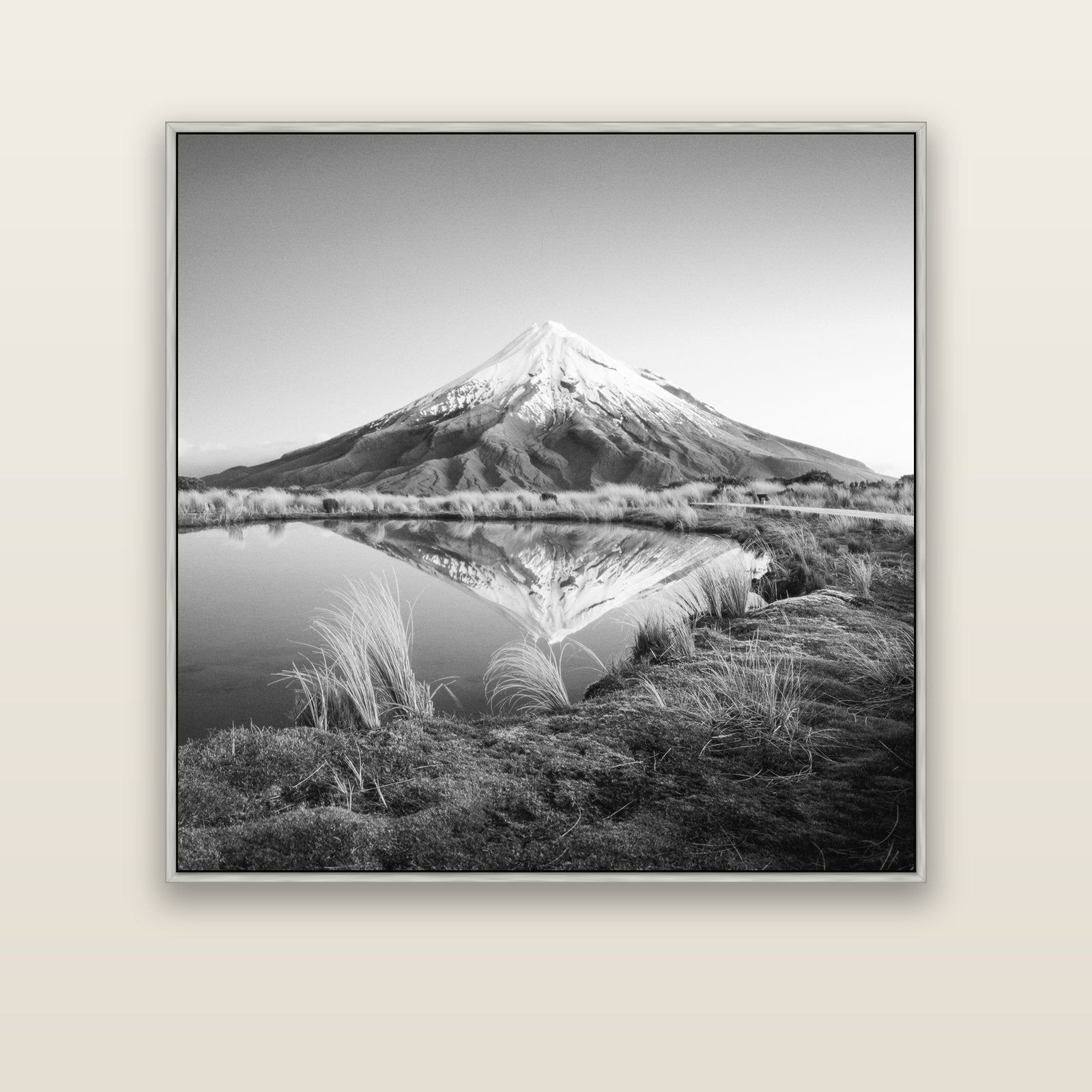 To a Point, Mount Taranaki — silver float frame canvas, 127 × 127 cm. New Zealand fine art landscape wall art by Stephen Milner.