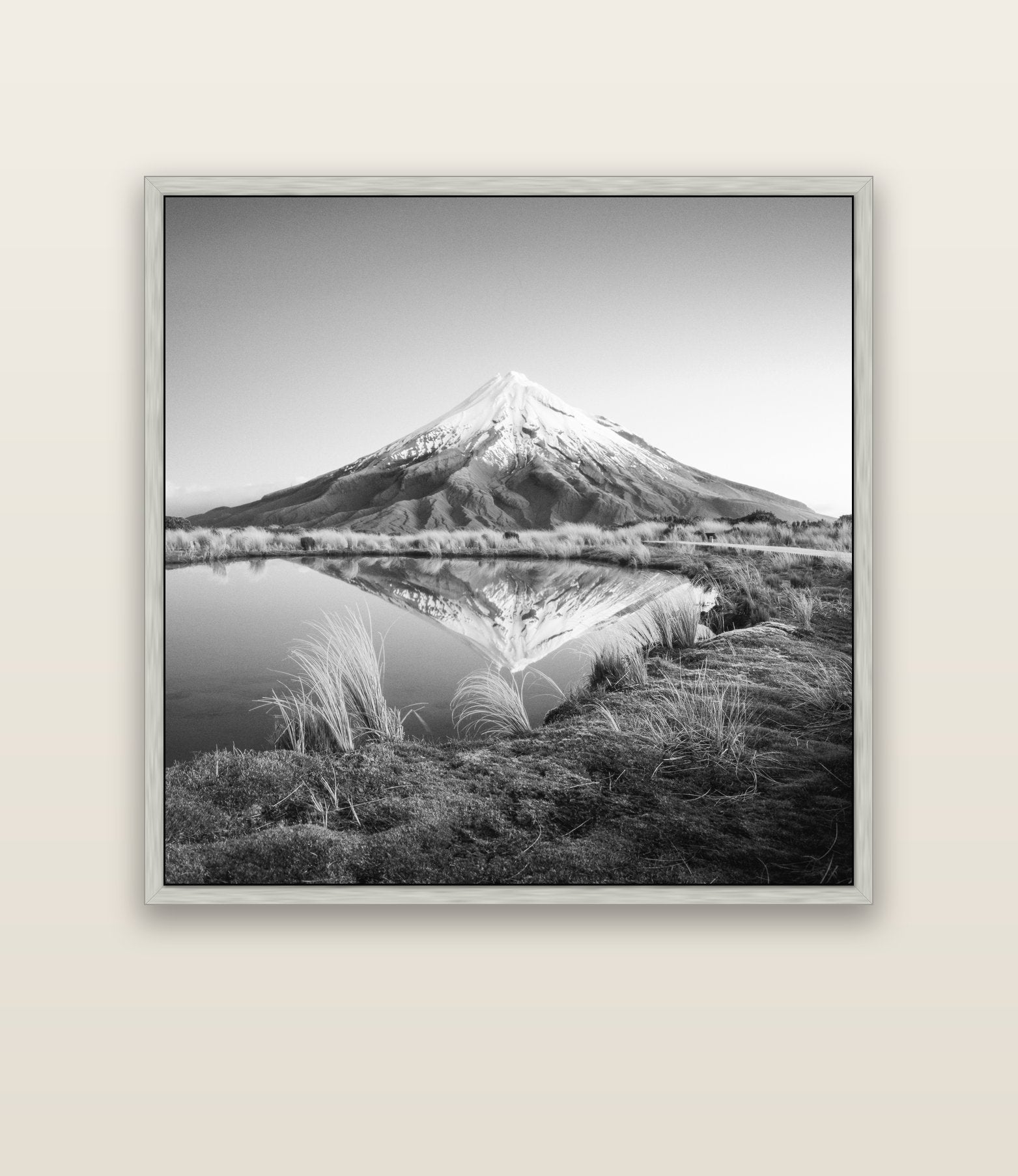 To a Point, Mount Taranaki — silver float frame canvas, 133 × 133 cm. New Zealand fine art landscape wall art by Stephen Milner.