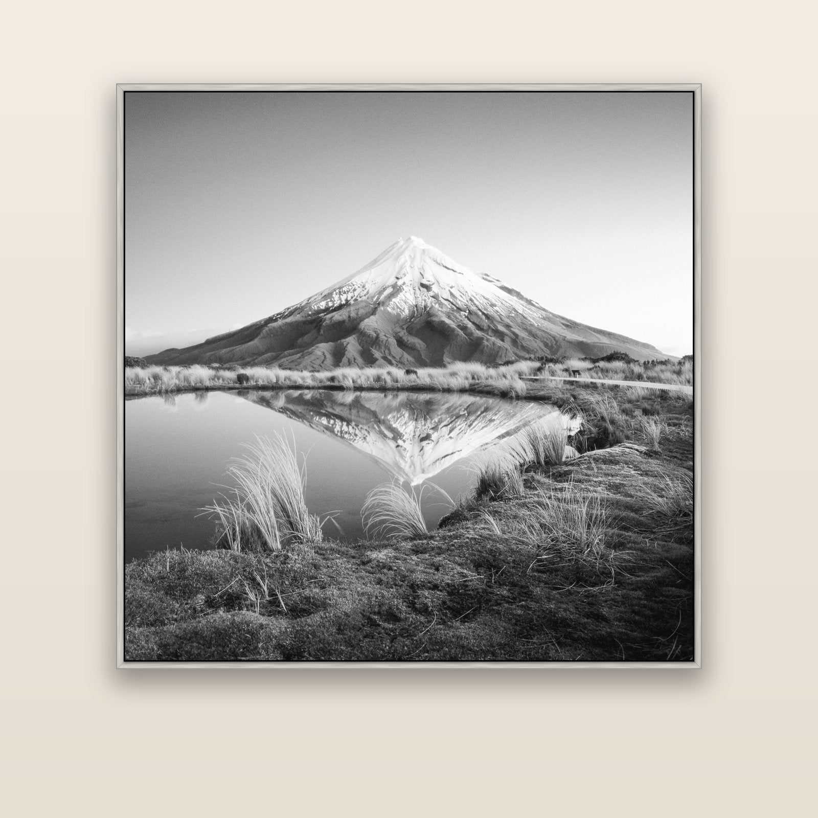 To a Point, Mount Taranaki — silver float frame canvas, 133 × 133 cm. New Zealand fine art landscape wall art by Stephen Milner.
