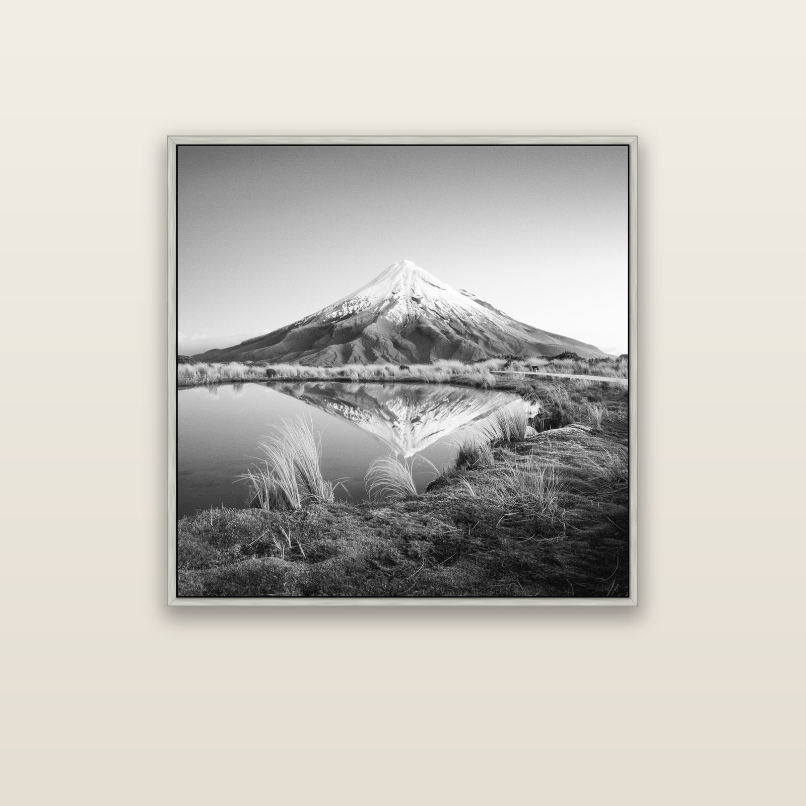To a Point, Mount Taranaki — silver float frame canvas, 91 × 91 cm. New Zealand fine art landscape wall art by Stephen Milner.