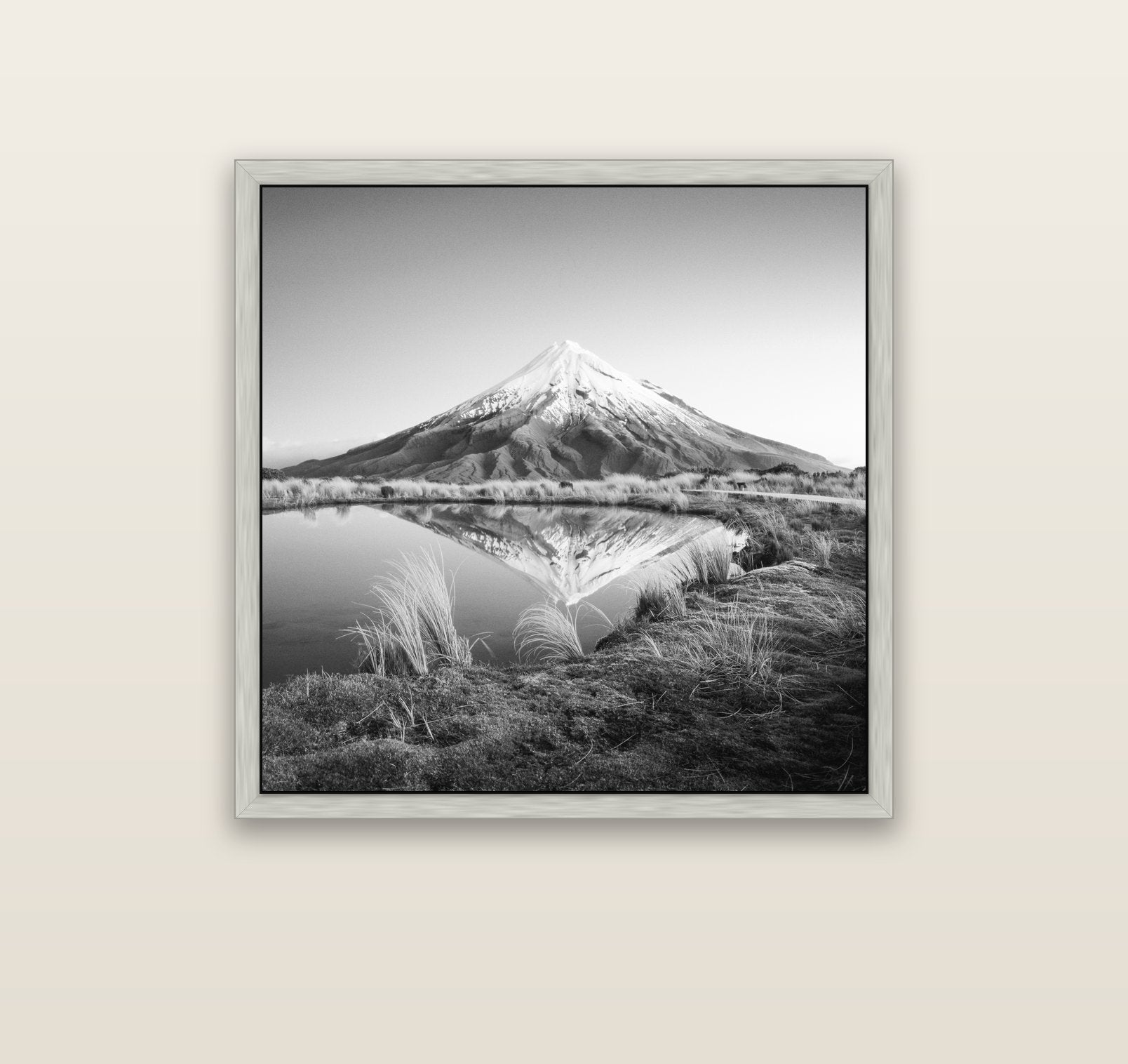 To a Point, Mount Taranaki — silver float frame canvas, 91 × 91 cm. New Zealand fine art landscape wall art by Stephen Milner.
