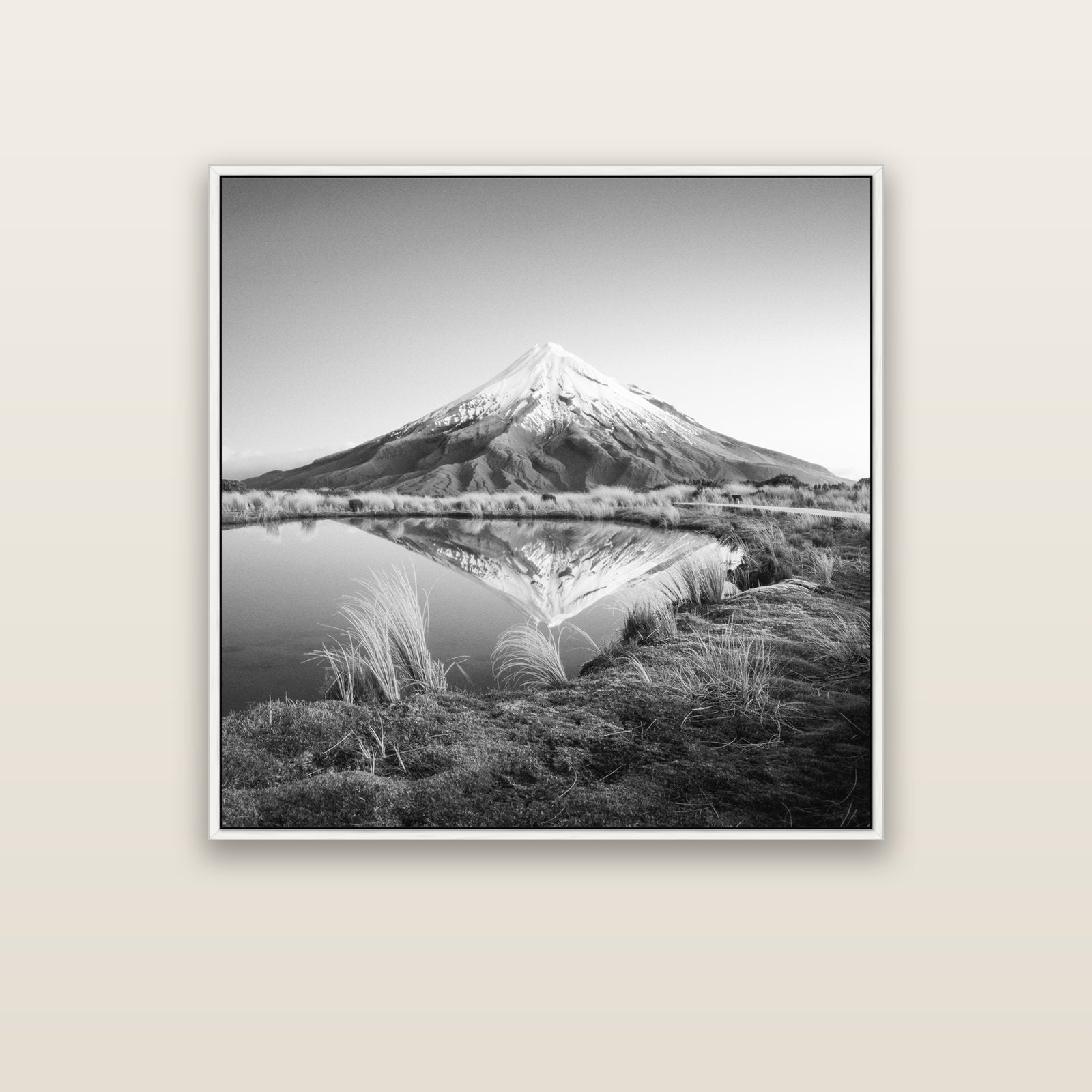 To a Point, Mount Taranaki — white float frame canvas, 102 × 102 cm. New Zealand fine art landscape wall art by Stephen Milner.