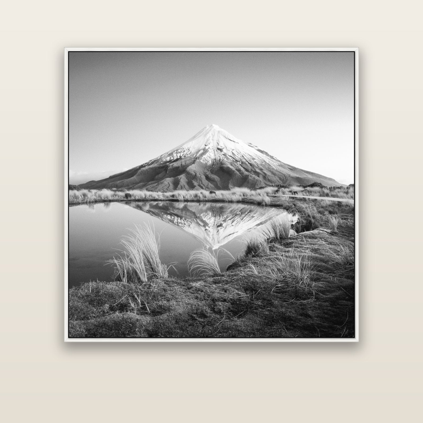 To a Point, Mount Taranaki — white float frame canvas, 127 × 127 cm. New Zealand fine art landscape wall art by Stephen Milner.