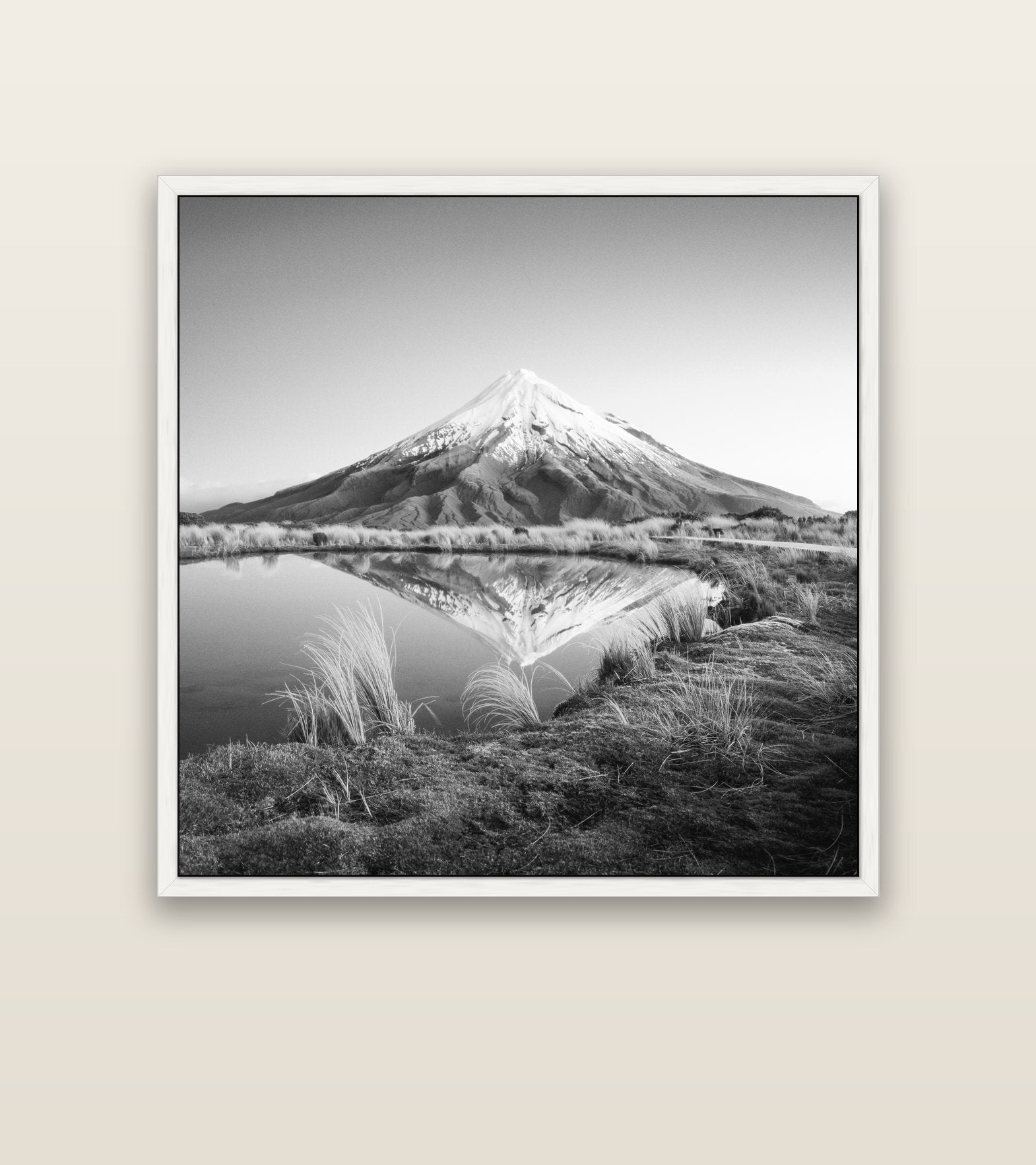 To a Point, Mount Taranaki — white float frame canvas, 127 × 127 cm. New Zealand fine art landscape wall art by Stephen Milner.