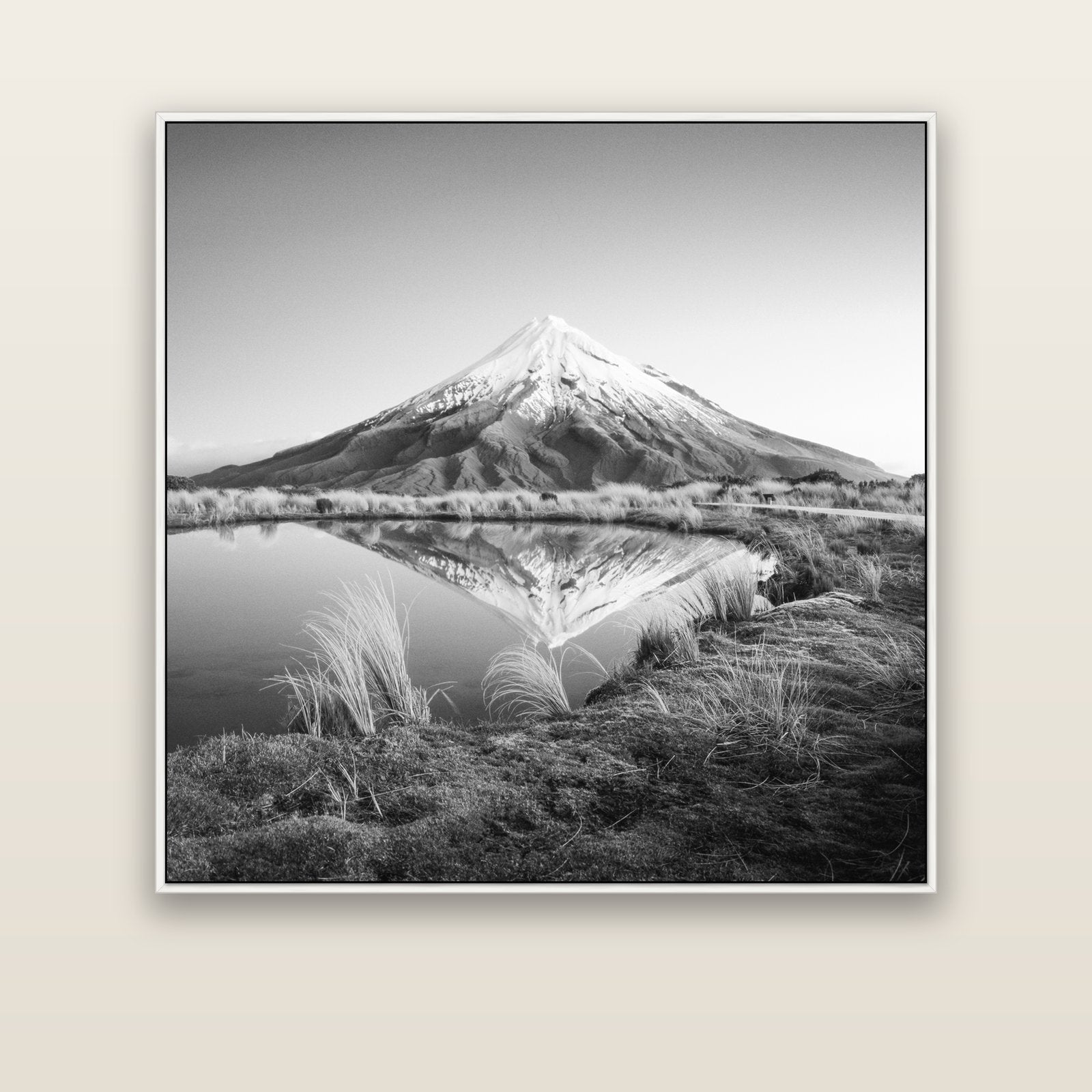 To a Point, Mount Taranaki — white float frame canvas, 133 × 133 cm. New Zealand fine art landscape wall art by Stephen Milner.