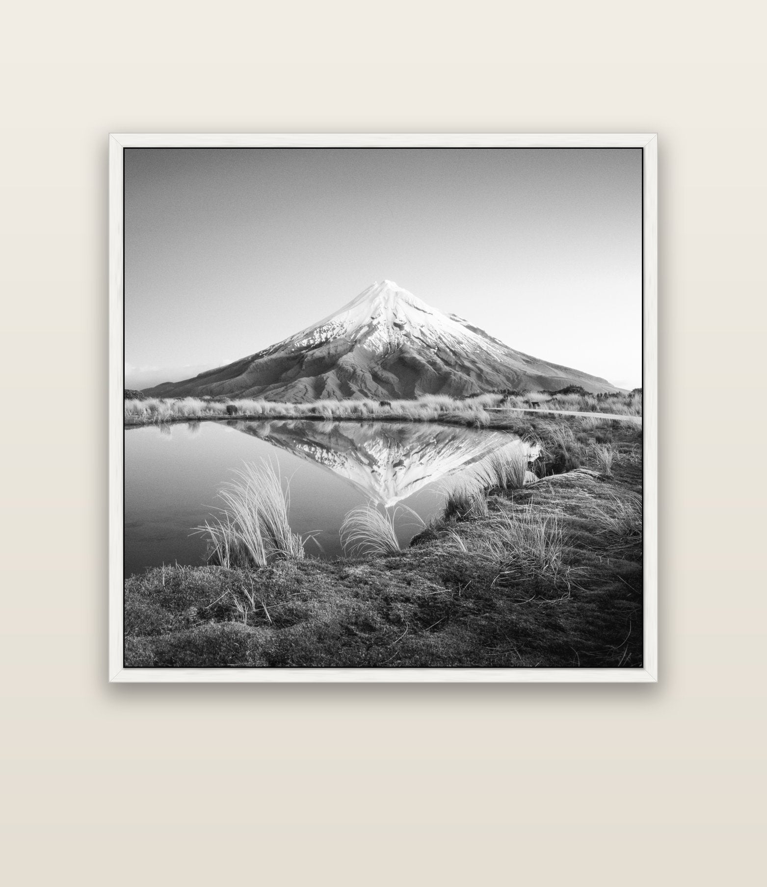 To a Point, Mount Taranaki — white float frame canvas, 133 × 133 cm. New Zealand fine art landscape wall art by Stephen Milner.