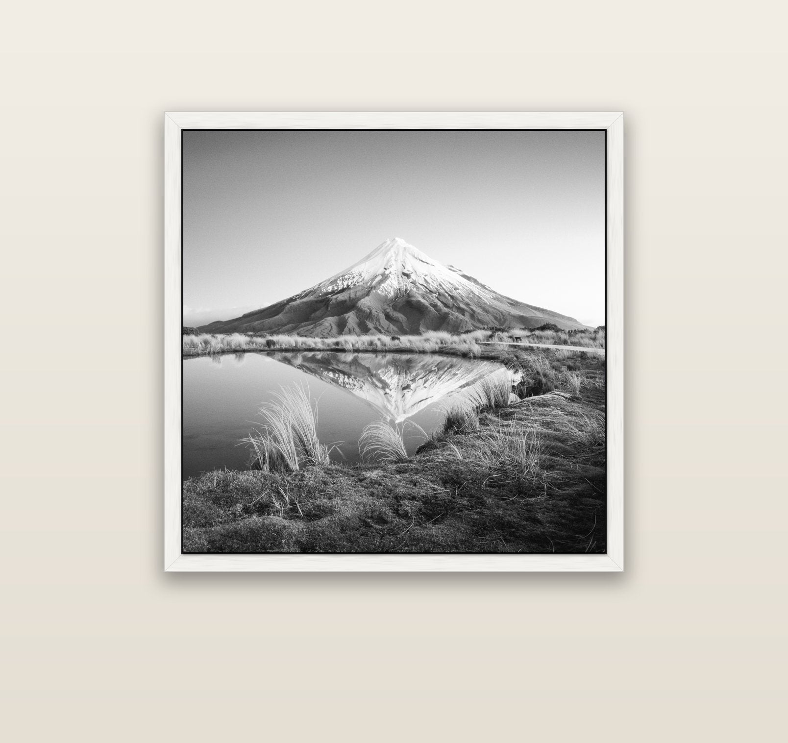 To a Point, Mount Taranaki — white float frame canvas, 91 × 91 cm. New Zealand fine art landscape wall art by Stephen Milner.