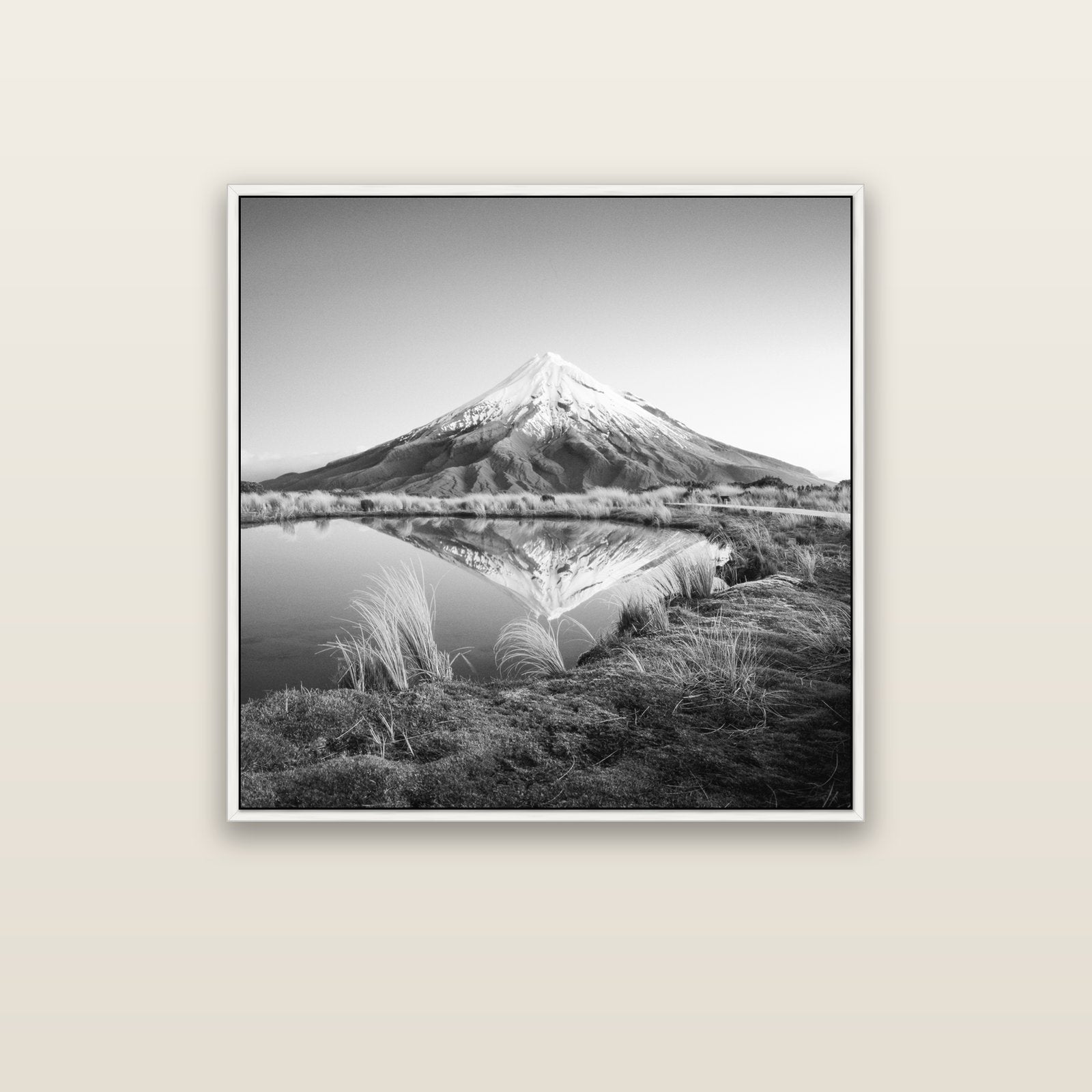 To a Point, Mount Taranaki — white float frame canvas, 91 × 91 cm. New Zealand fine art landscape wall art by Stephen Milner.