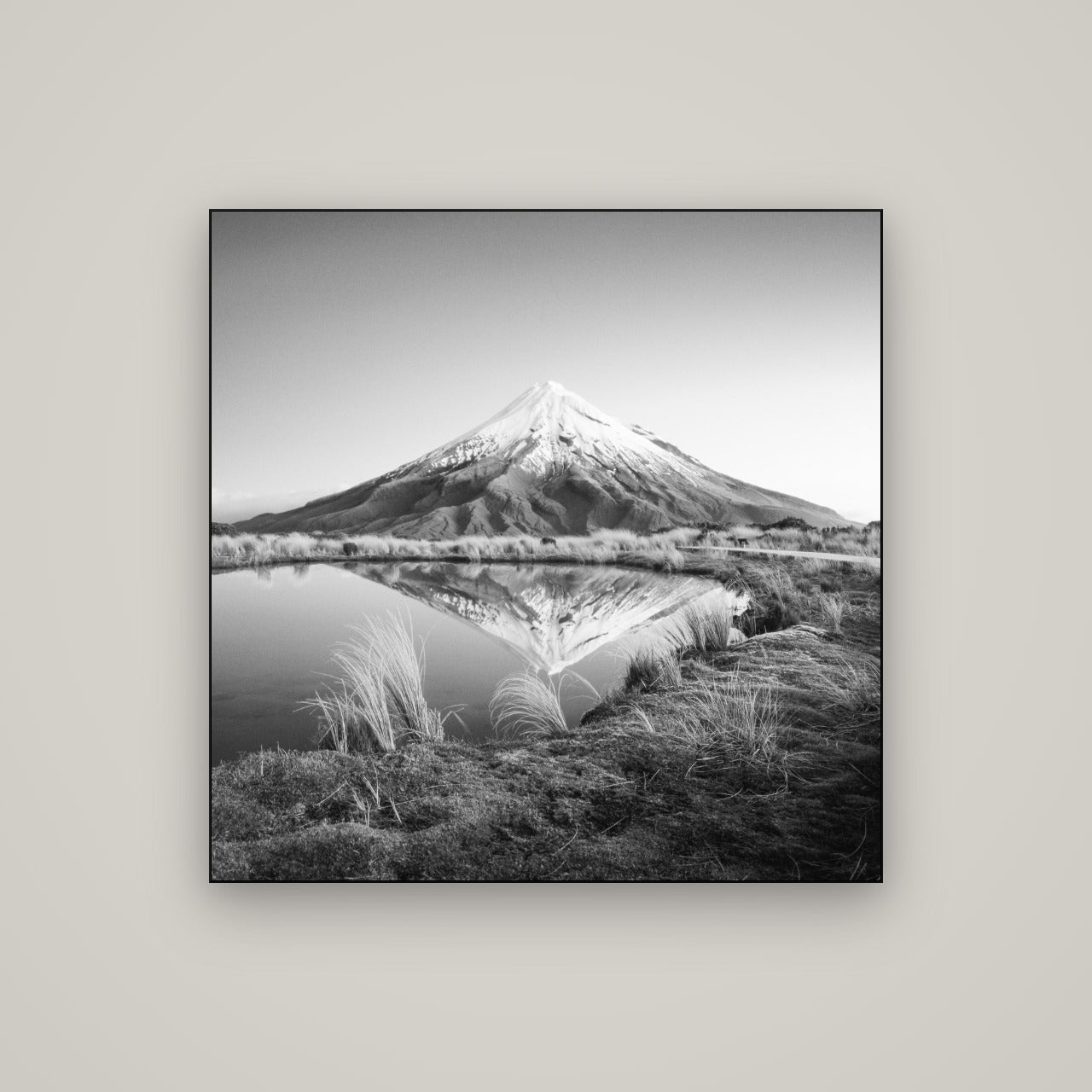 To a Point, Mount Taranaki — Slimline Black, 100×100 cm. New Zealand fine art wall art by Stephen Milner.