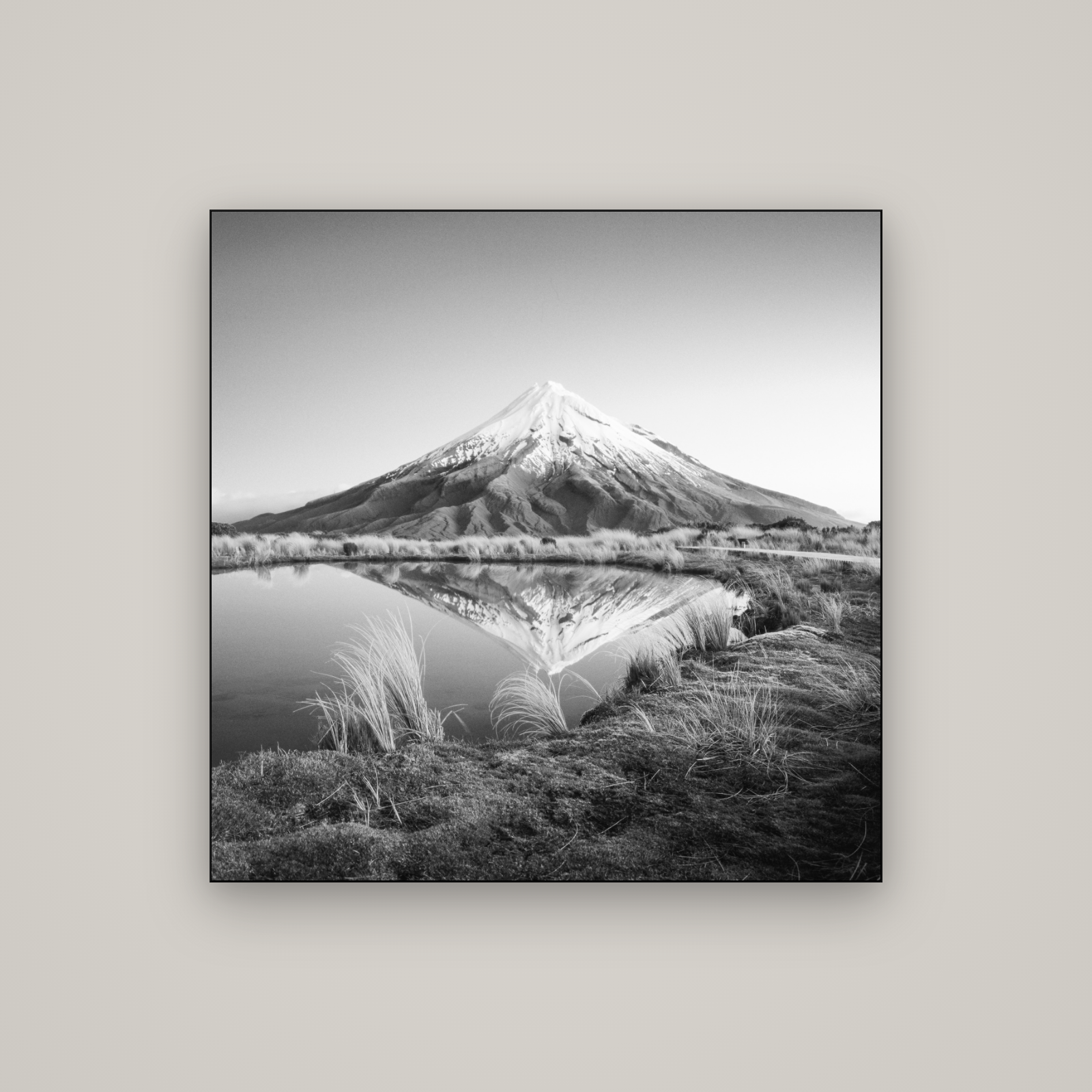To a Point, Mount Taranaki — Slimline Black, 100×100 cm. New Zealand fine art wall art by Stephen Milner.