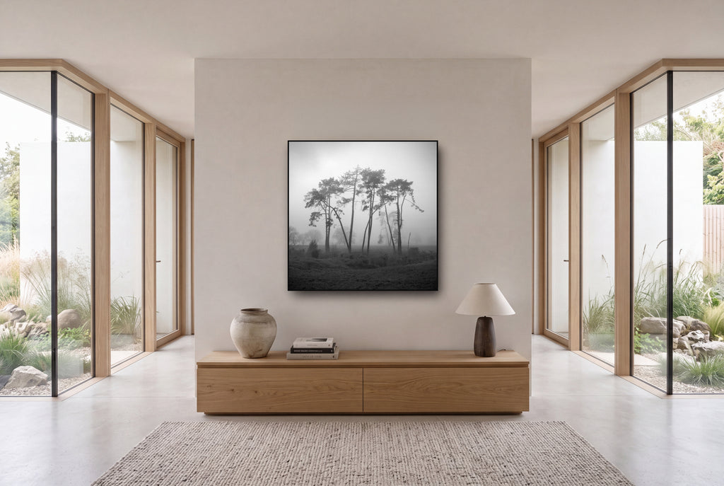 Together, Waikato shown as large black and white wall art in a styled room, fine art by Stephen Milner.