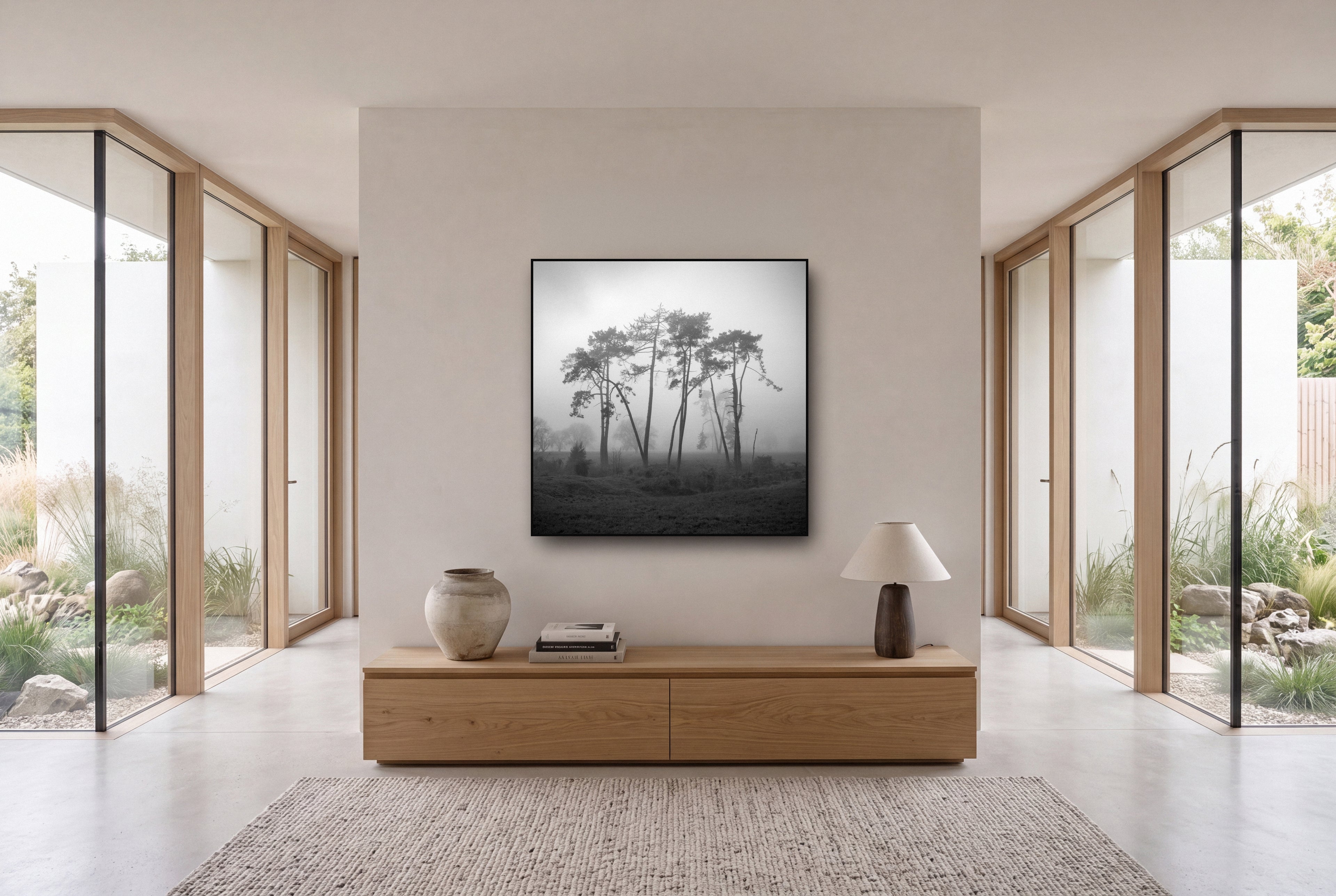 Together, Waikato shown as large black and white wall art in a styled room, fine art by Stephen Milner.
