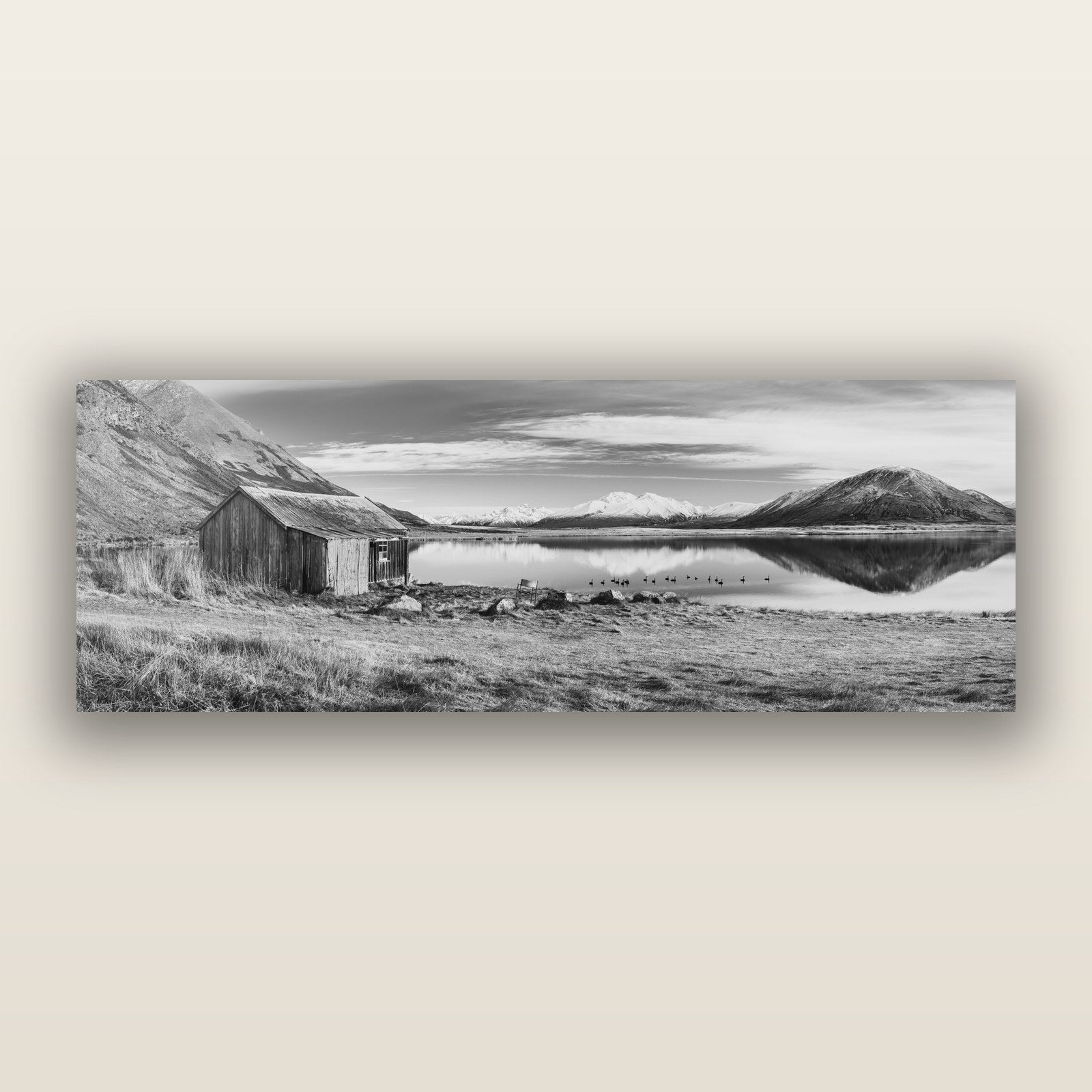 Tranquility's Hut, Big Hill and Potts Range, black and white frameless acrylic glass print. New Zealand fine art photography by Stephen Milner.