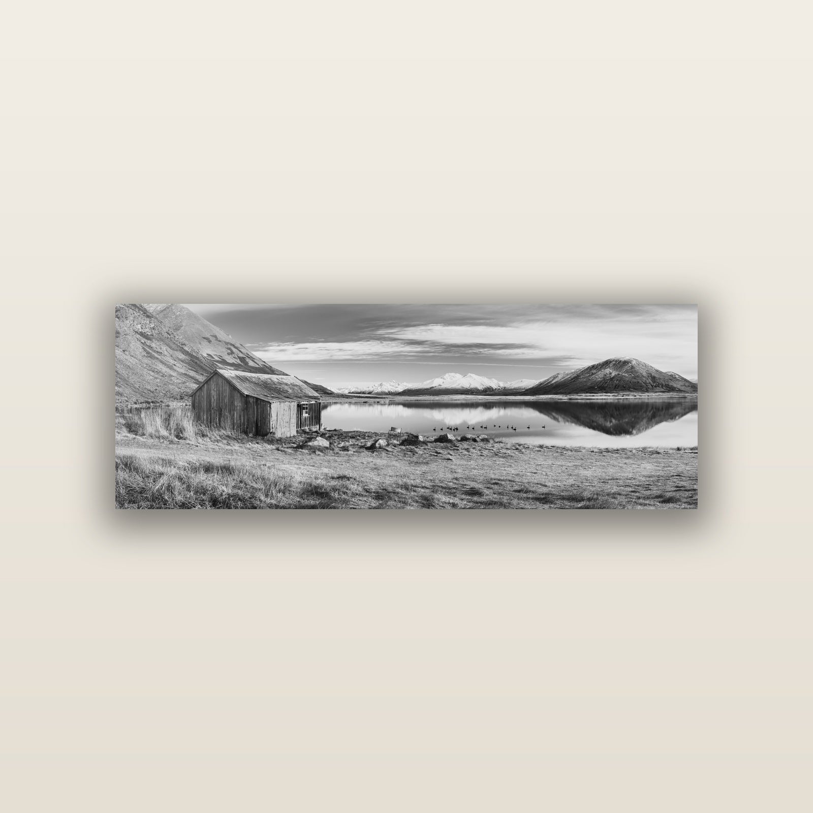 Tranquility's Hut, Big Hill and Potts Range — acrylic panel print, small 76 × 25 cm. New Zealand fine art landscape wall art by Stephen Milner.