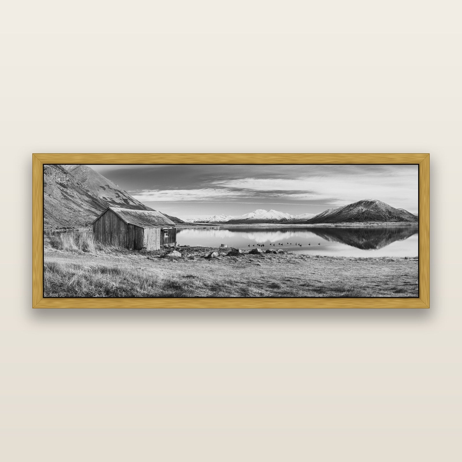 Tranquility's Hut, Big Hill and Potts Range, black and white framed metallic canvas print, Antique Gold frame. New Zealand fine art wall art by Stephen Milner.
