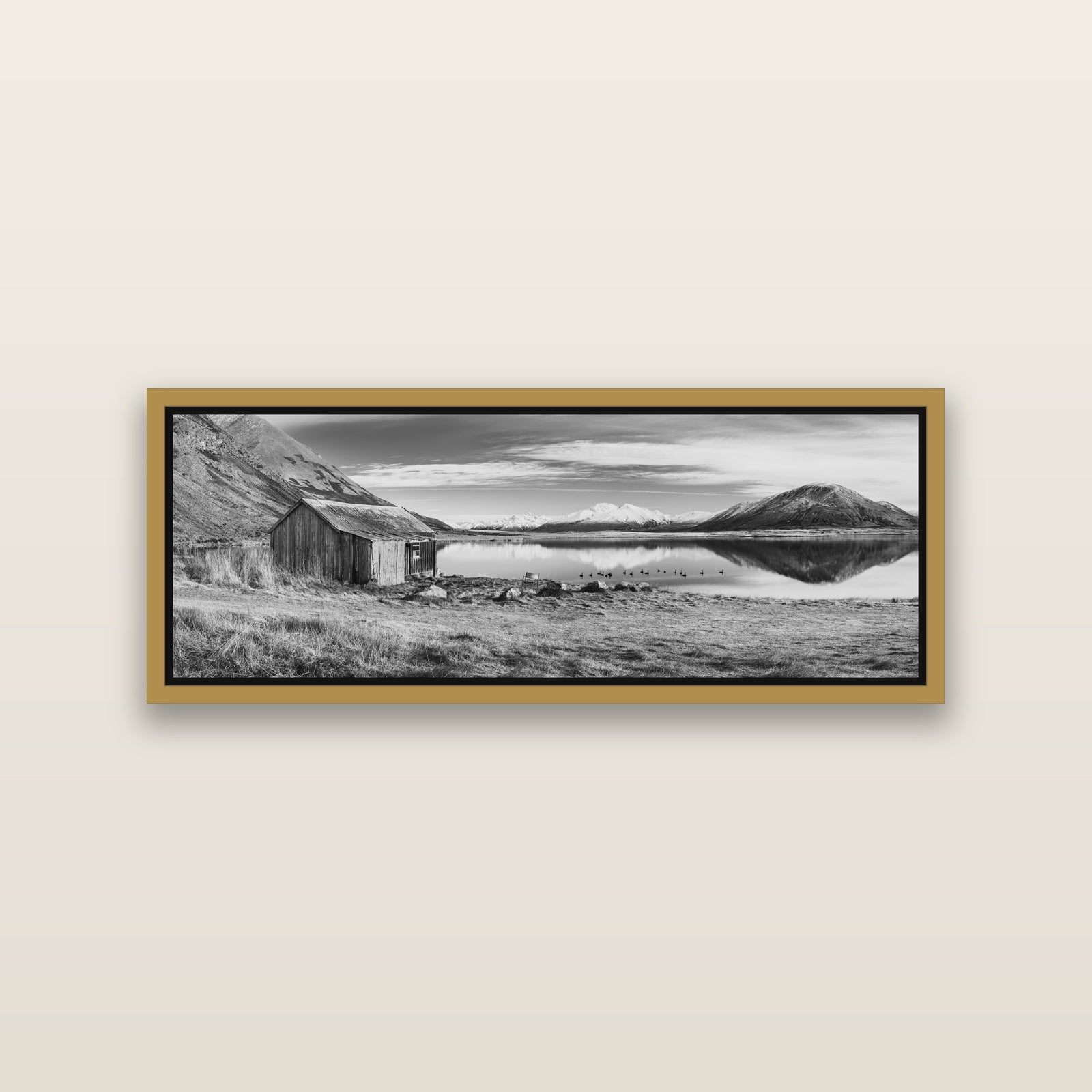 Tranquility's Hut, Big Hill and Potts Range — Antique Gold framed metallic canvas print, small 86 × 30 cm. New Zealand fine art landscape wall art by Stephen Milner.