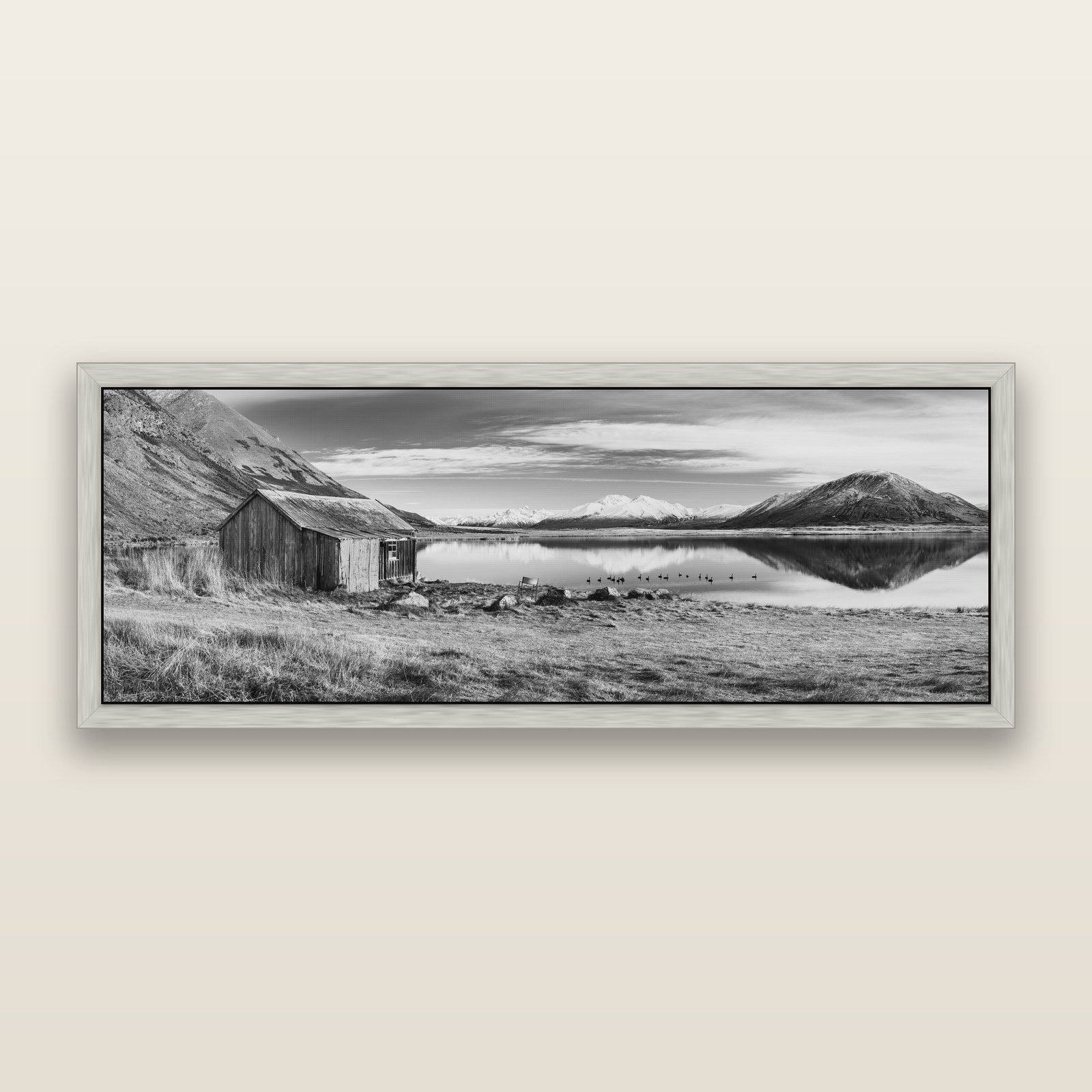 Tranquility's Hut, Big Hill and Potts Range, black and white framed metallic canvas print, Antique Silver frame. New Zealand fine art wall art by Stephen Milner.
