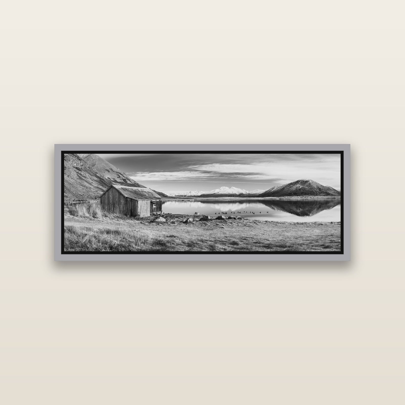Tranquility's Hut, Big Hill and Potts Range — Antique Silver framed metallic canvas print, small 86 × 30 cm. New Zealand fine art landscape wall art by Stephen Milner.