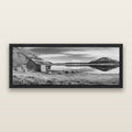 Tranquility's Hut, Big Hill and Potts Range, black and white framed metallic canvas print, Black frame. New Zealand fine art wall art by Stephen Milner.