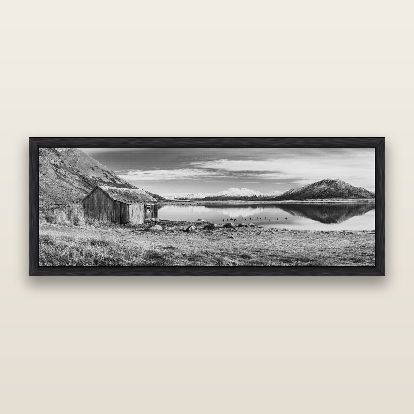 Tranquility's Hut, Big Hill and Potts Range, black and white framed metallic canvas print, Black frame. New Zealand fine art wall art by Stephen Milner.