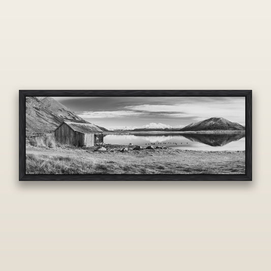 Tranquility's Hut, Big Hill and Potts Range, black and white framed metallic canvas print, Black frame. New Zealand fine art wall art by Stephen Milner.