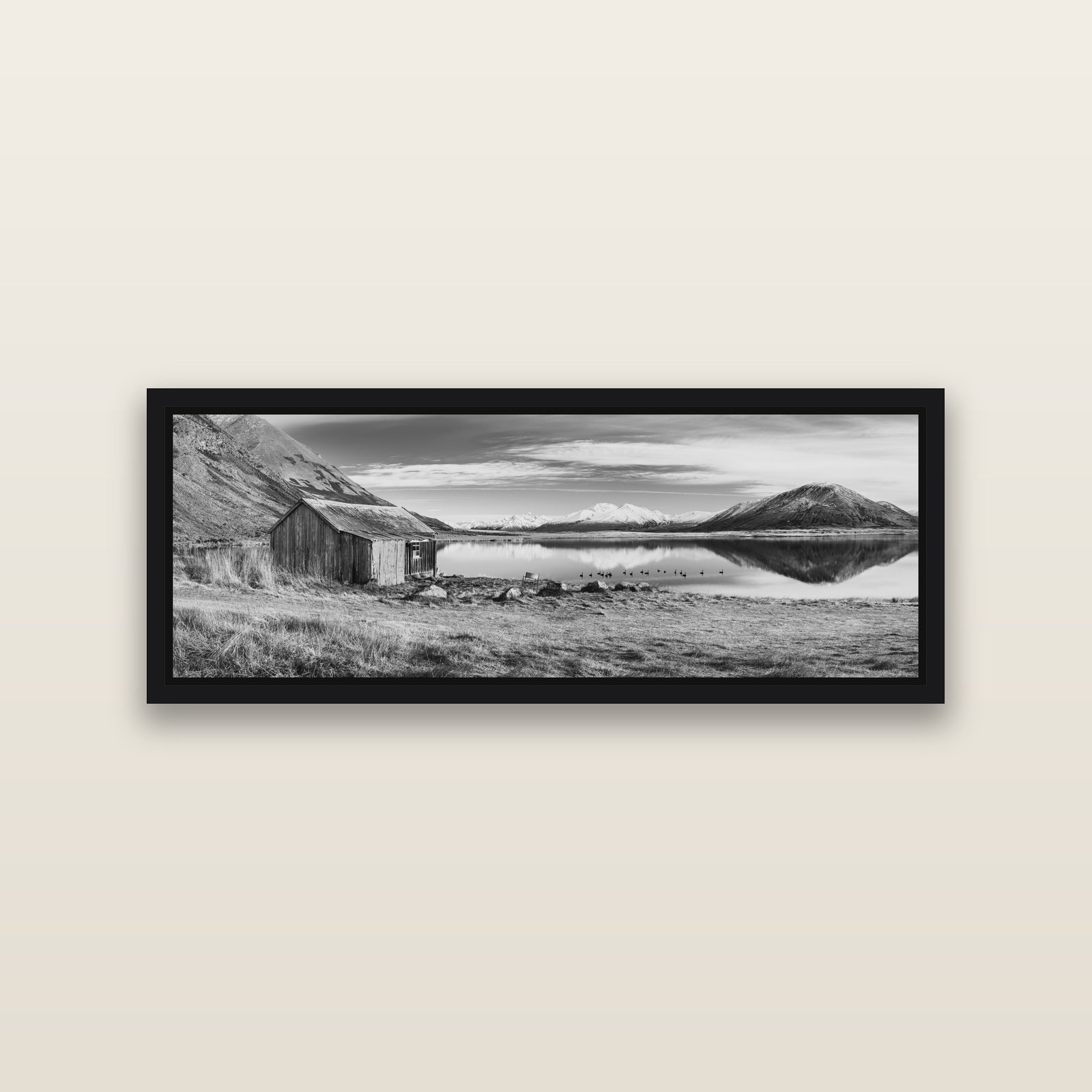 Tranquility's Hut, Big Hill and Potts Range — Black framed metallic canvas print, small 86 × 30 cm. New Zealand fine art landscape wall art by Stephen Milner.