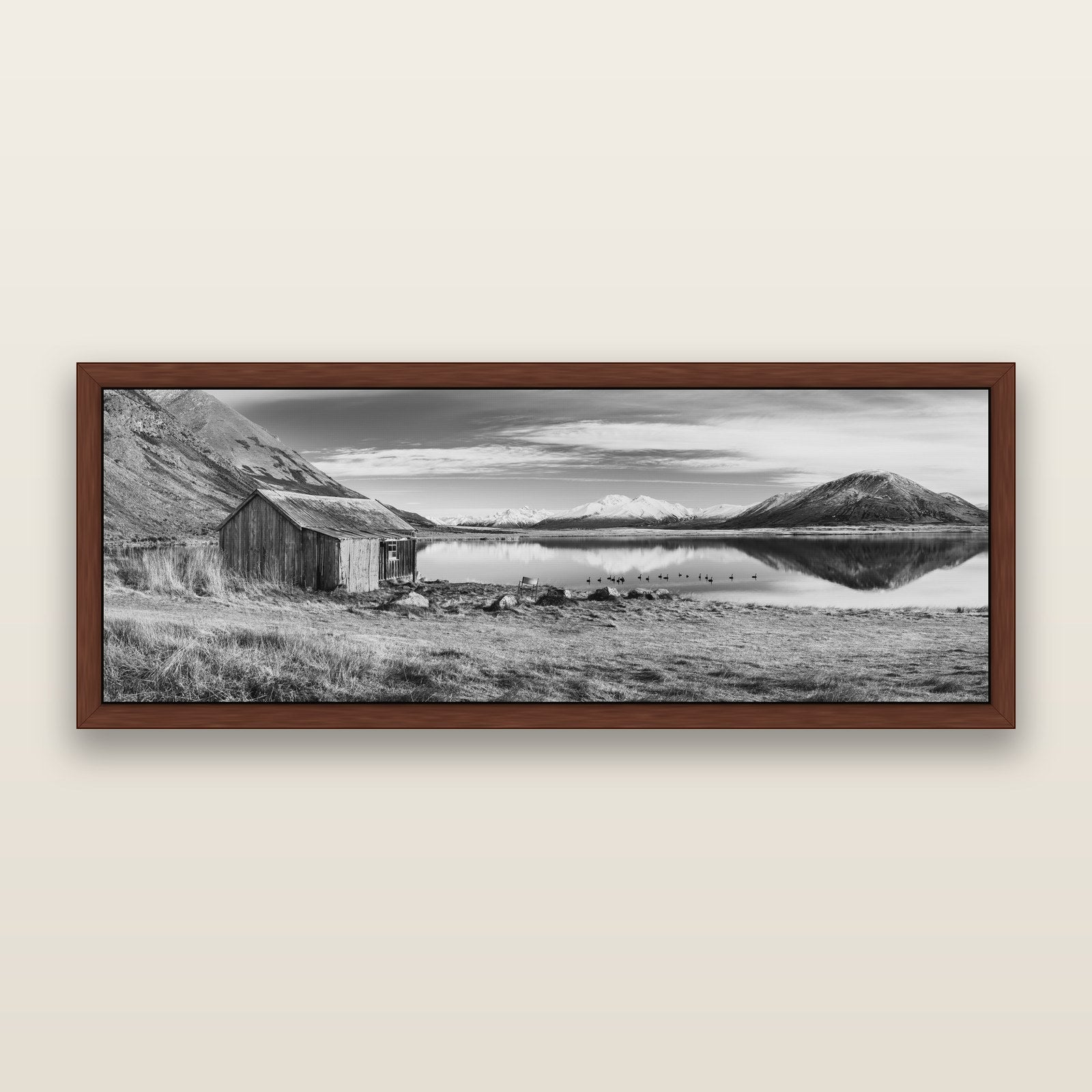 Tranquility's Hut, Big Hill and Potts Range, black and white framed metallic canvas print, Brown frame. New Zealand fine art wall art by Stephen Milner.