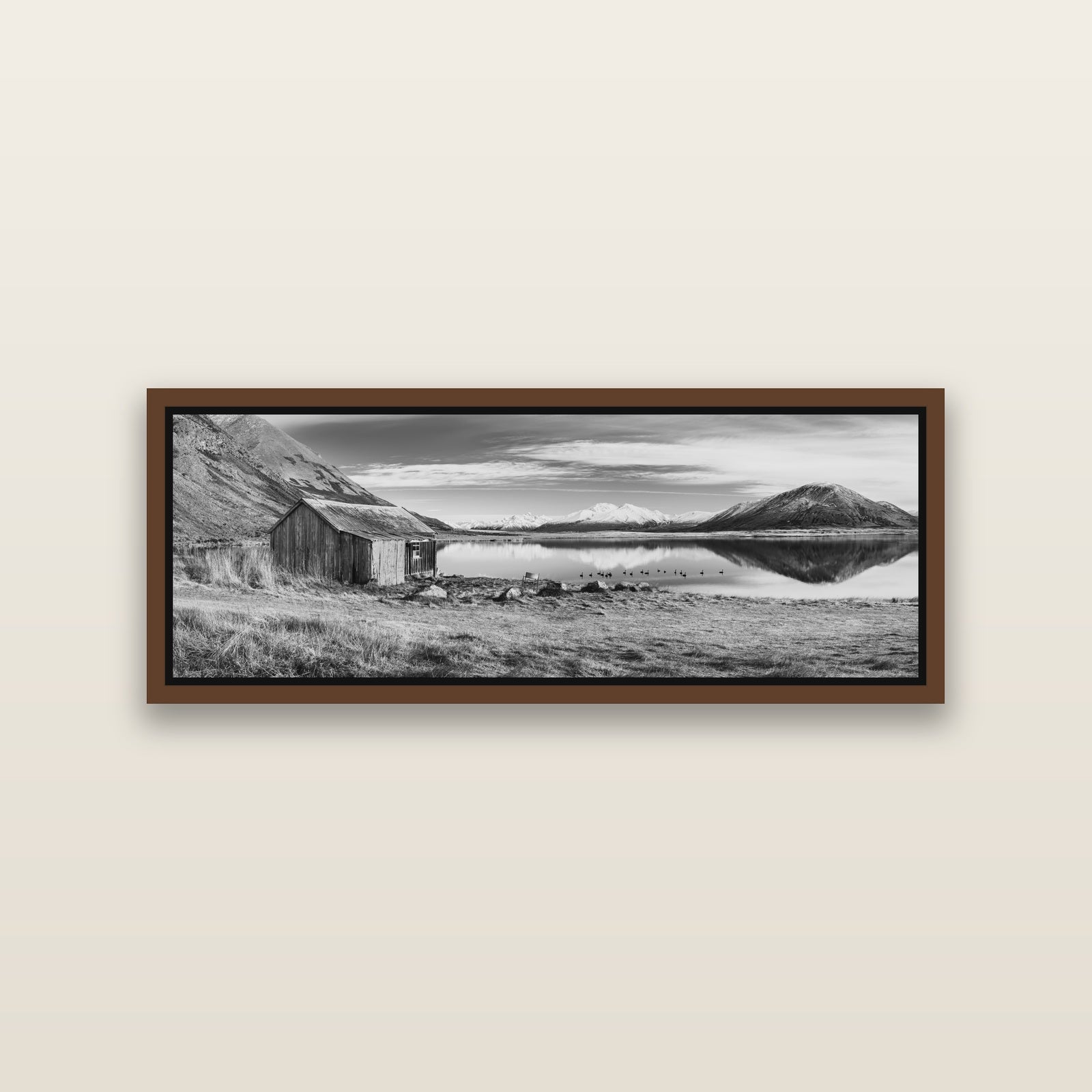 Tranquility's Hut, Big Hill and Potts Range — Brown framed metallic canvas print, small 86 × 30 cm. New Zealand fine art landscape wall art by Stephen Milner.
