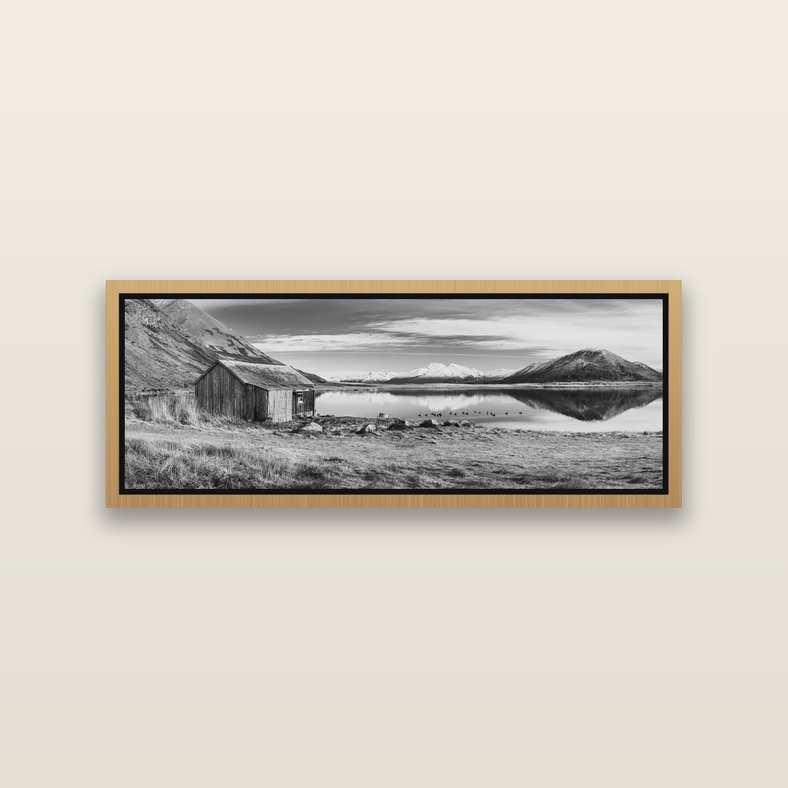 Tranquility's Hut, Big Hill and Potts Range — Natural framed metallic canvas print, small 86 × 30 cm. New Zealand fine art landscape wall art by Stephen Milner.