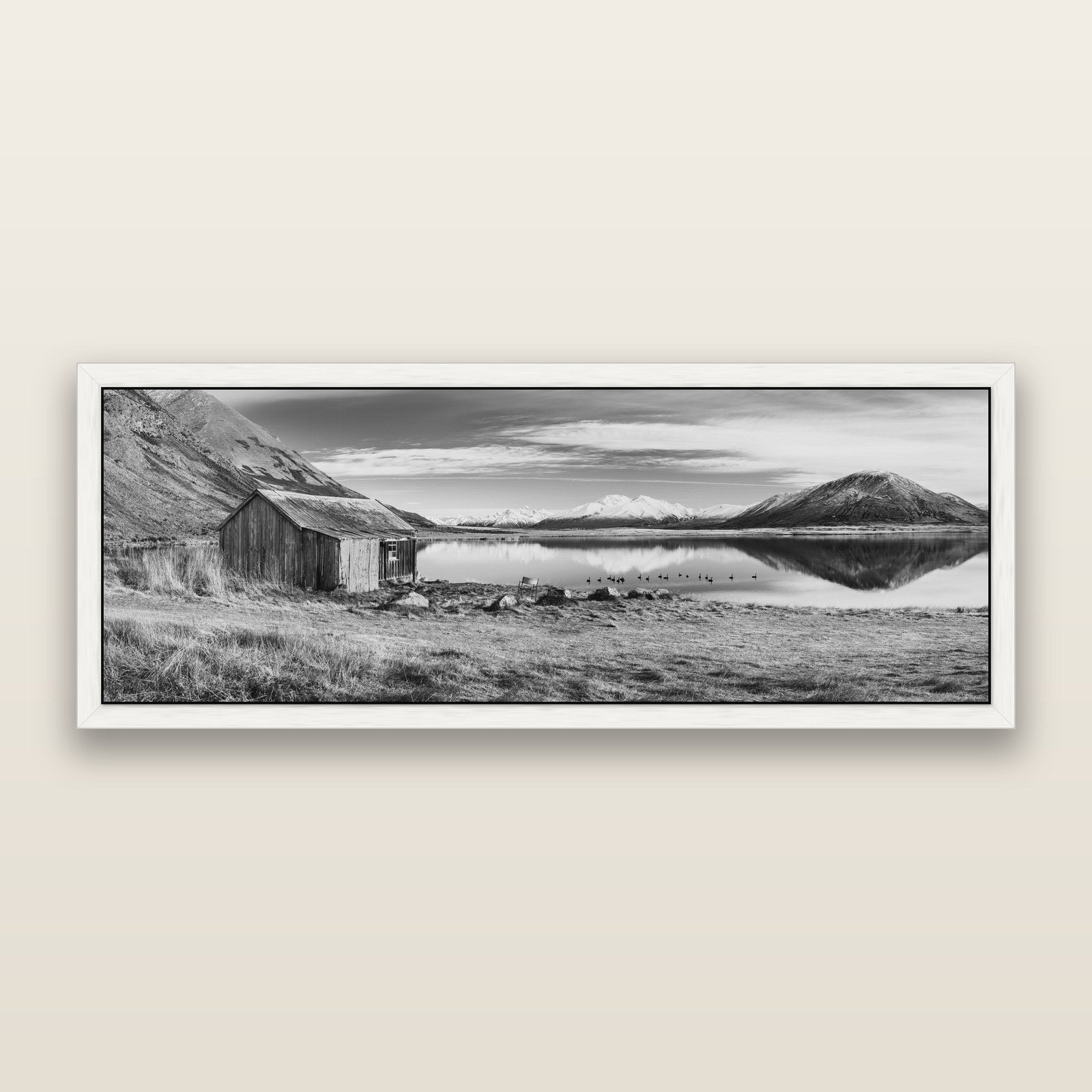 Tranquility's Hut, Big Hill and Potts Range, black and white framed metallic canvas print, White frame. New Zealand fine art wall art by Stephen Milner.
