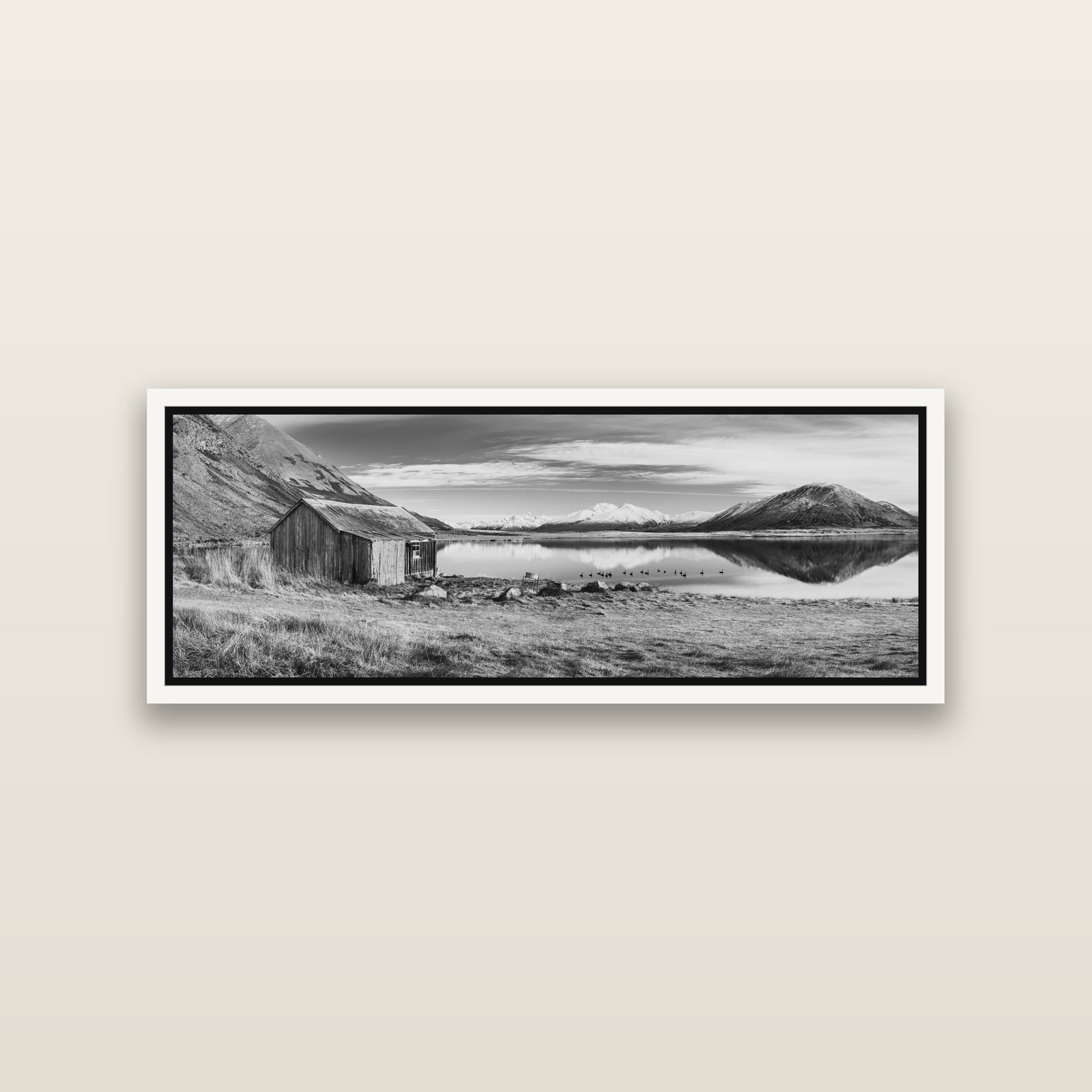 Tranquility's Hut, Big Hill and Potts Range — White framed metallic canvas print, small 86 × 30 cm. New Zealand fine art landscape wall art by Stephen Milner.