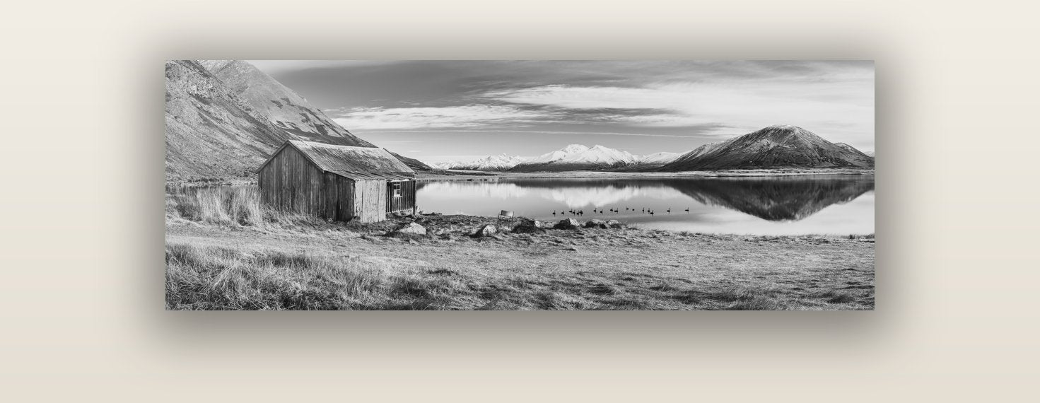 Tranquility's Hut, Big Hill and Potts Range — acrylic glass print, 122 × 41 cm. New Zealand fine art landscape wall art by Stephen Milner.