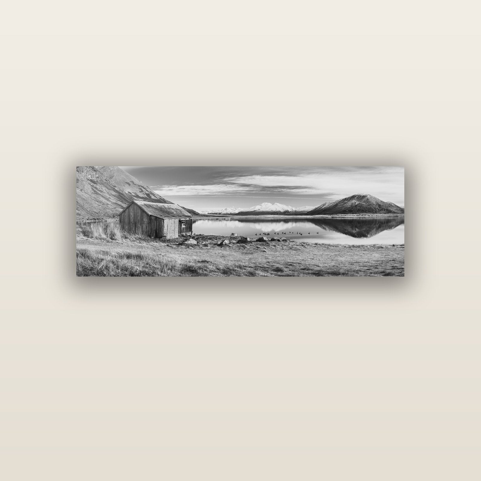 Tranquility's Hut, Big Hill and Potts Range — acrylic glass print, 122 × 41 cm. New Zealand fine art landscape wall art by Stephen Milner.