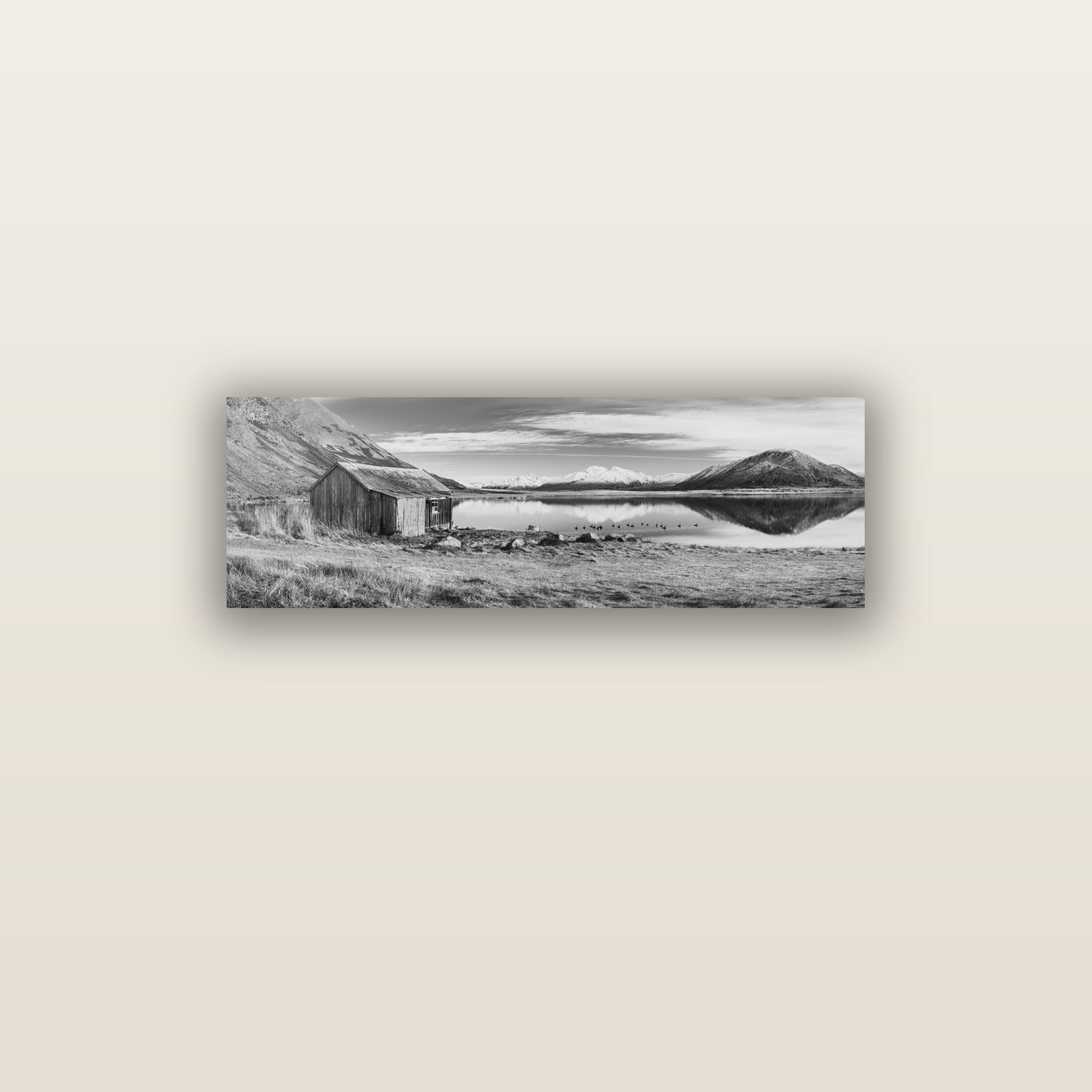 Tranquility's Hut, Big Hill and Potts Range — acrylic glass print, 91 × 30 cm. New Zealand fine art landscape wall art by Stephen Milner.