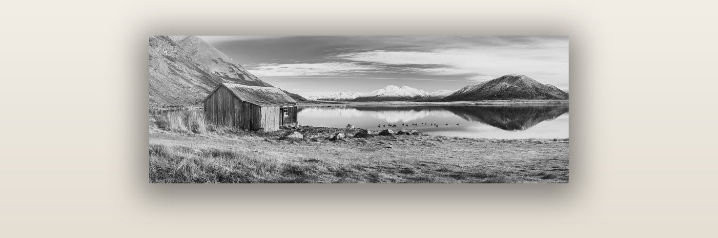 Tranquility's Hut, Big Hill and Potts Range — acrylic glass print, 91 × 30 cm. New Zealand fine art landscape wall art by Stephen Milner.