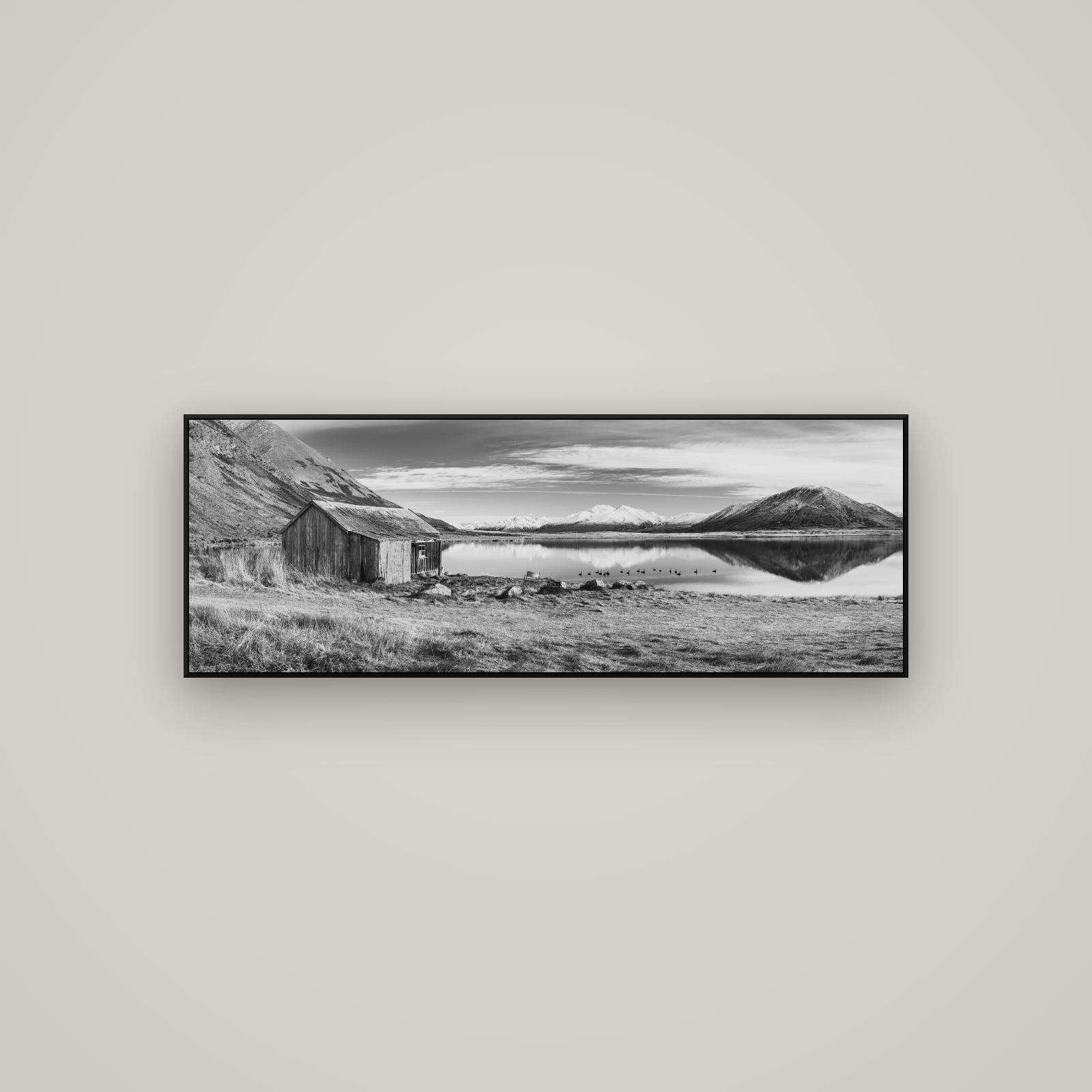 Tranquility's Hut, Big Hill and Potts Range — ArtBox Black, 113×40 cm. New Zealand fine art wall art by Stephen Milner.