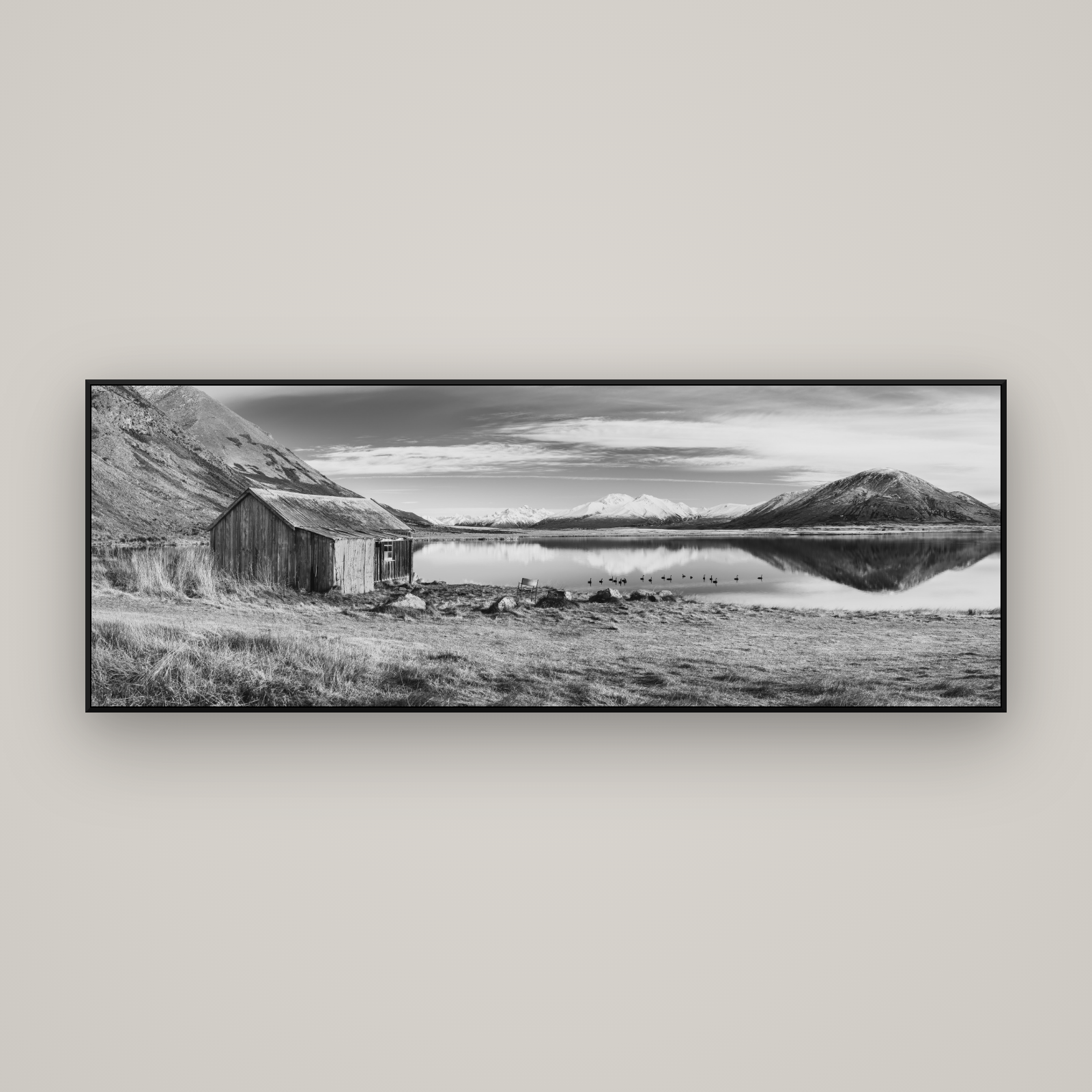 Tranquility's Hut, Big Hill and Potts Range — ArtBox Black, 170×60 cm. New Zealand fine art wall art by Stephen Milner.