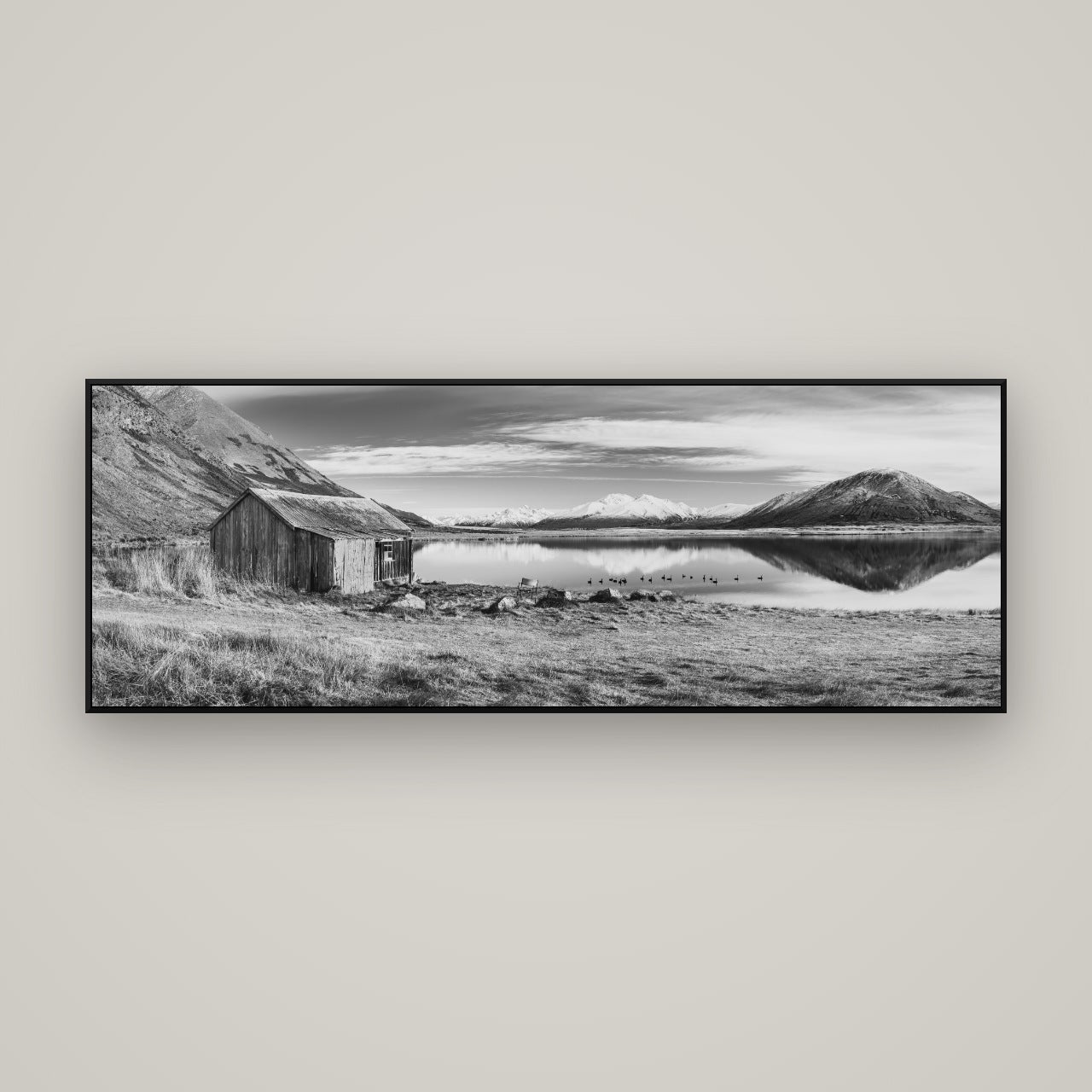Tranquility's Hut, Big Hill and Potts Range — ArtBox Black, 170×60 cm. New Zealand fine art wall art by Stephen Milner.