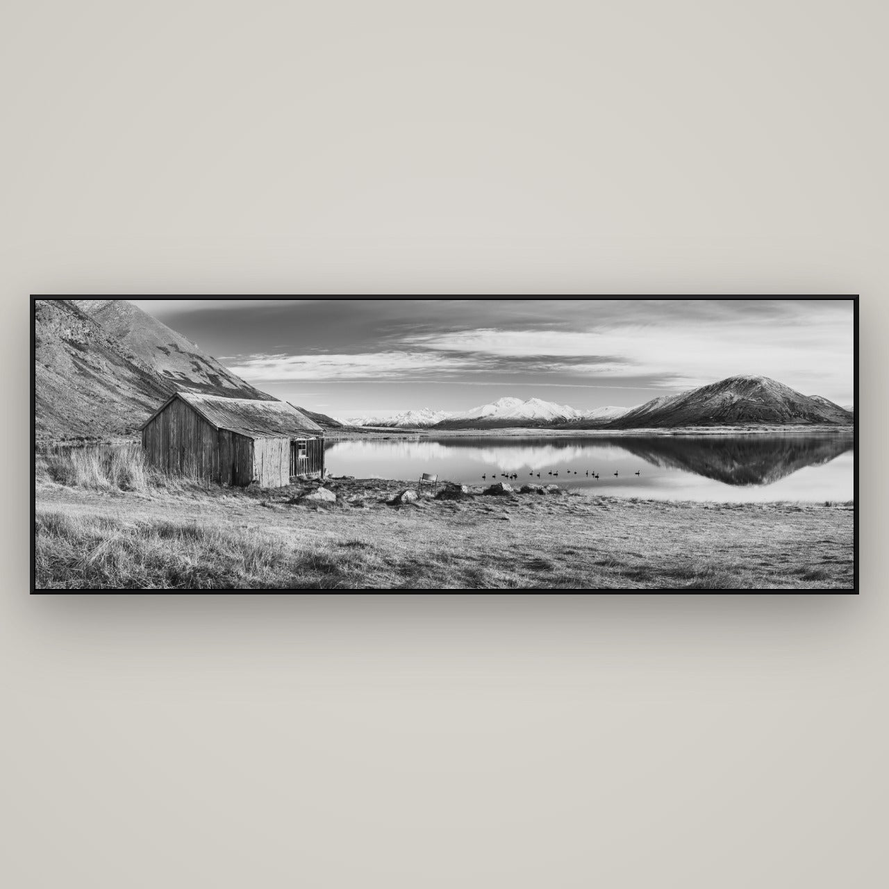 Tranquility's Hut, Big Hill and Potts Range — ArtBox Black, 198×70 cm. New Zealand fine art wall art by Stephen Milner.