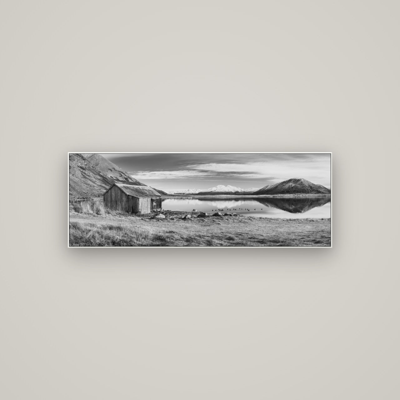 Tranquility's Hut, Big Hill and Potts Range — ArtBox White, 113×40 cm. New Zealand fine art wall art by Stephen Milner.