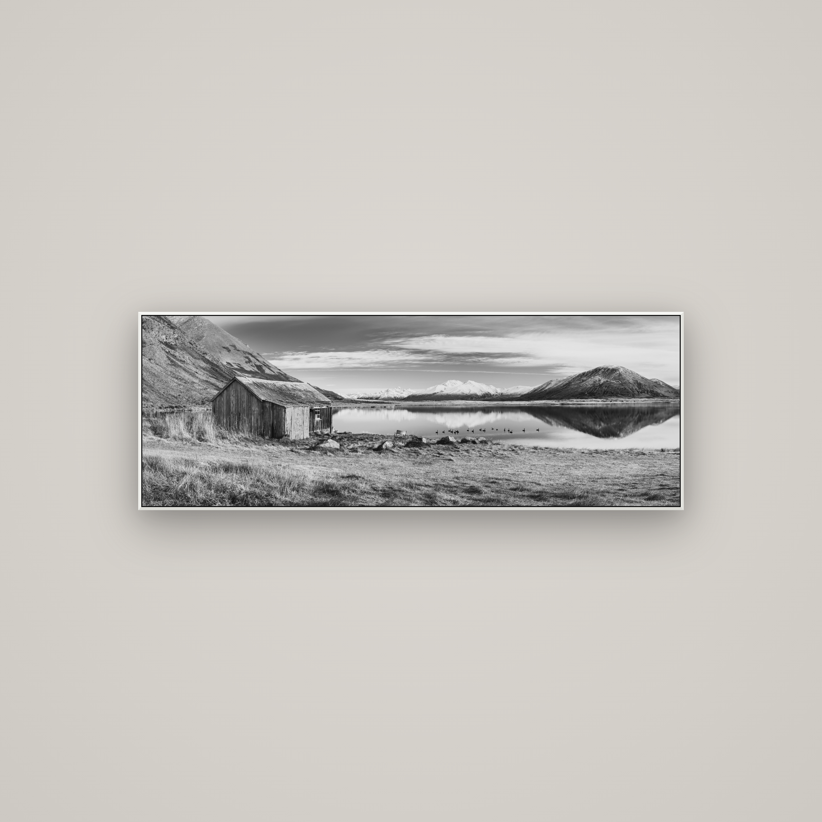 Tranquility's Hut, Big Hill and Potts Range — ArtBox White, 113×40 cm. New Zealand fine art wall art by Stephen Milner.