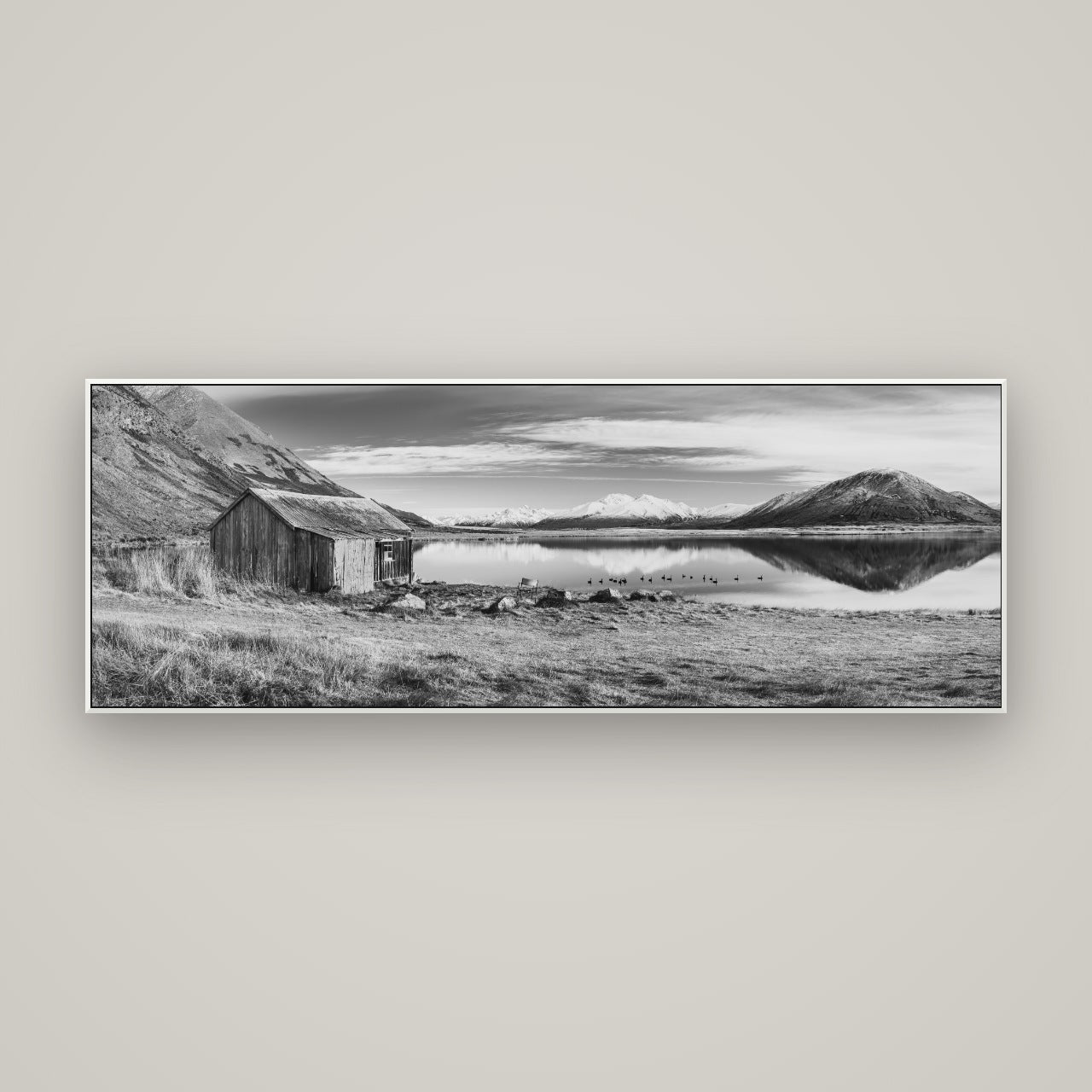 Tranquility's Hut, Big Hill and Potts Range — ArtBox White, 170×60 cm. New Zealand fine art wall art by Stephen Milner.