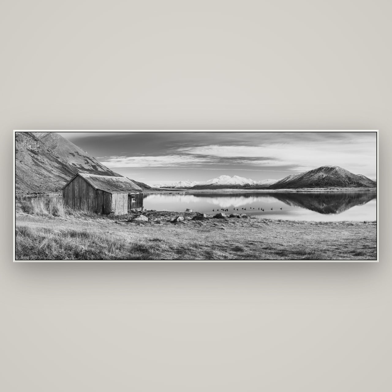 Tranquility's Hut, Big Hill and Potts Range — ArtBox White, 198×70 cm. New Zealand fine art wall art by Stephen Milner.